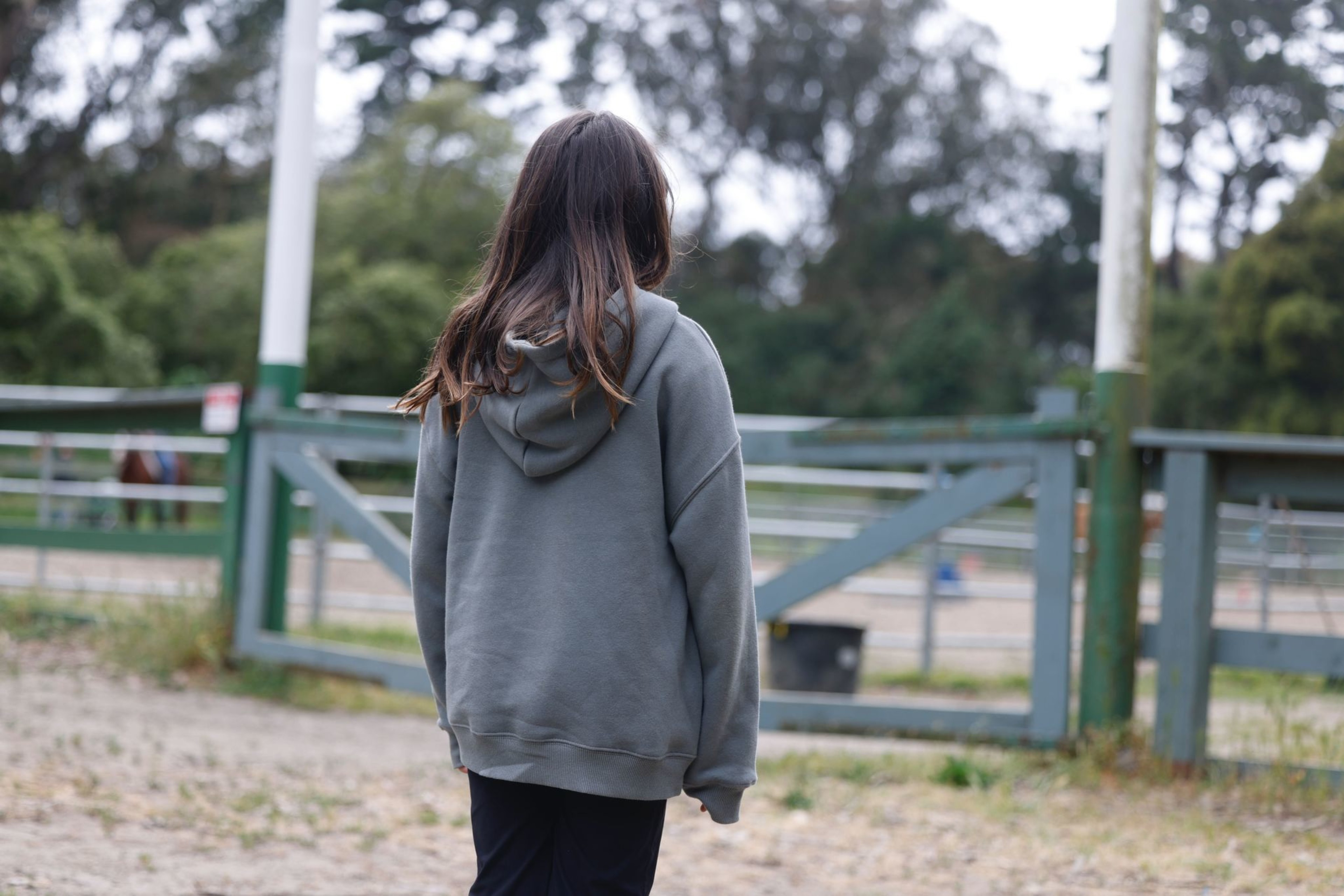 A woman in a gray hoodie stands looking at a green fence enclosing horses in a rustic setting with trees.