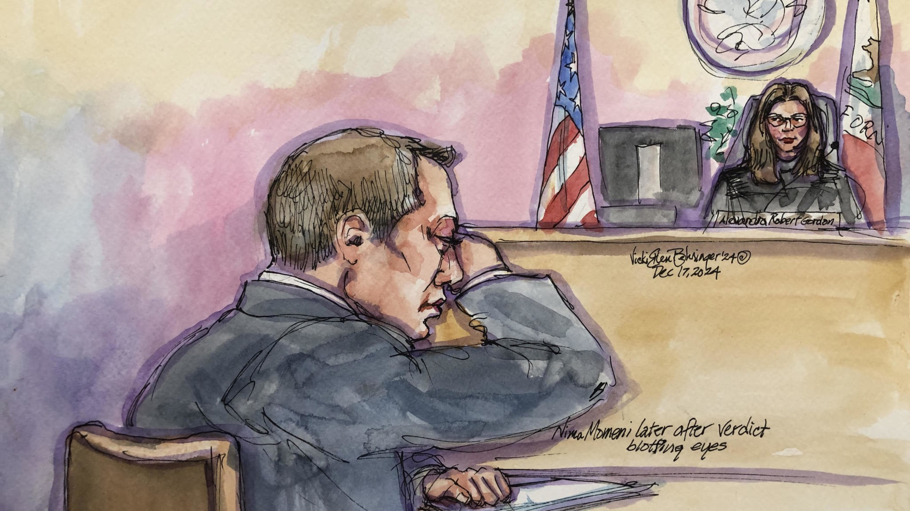 A courtroom sketch shows a man wiping his eyes while seated, and a judge behind a bench with flags and a seal. Text identifies the scene and individuals.