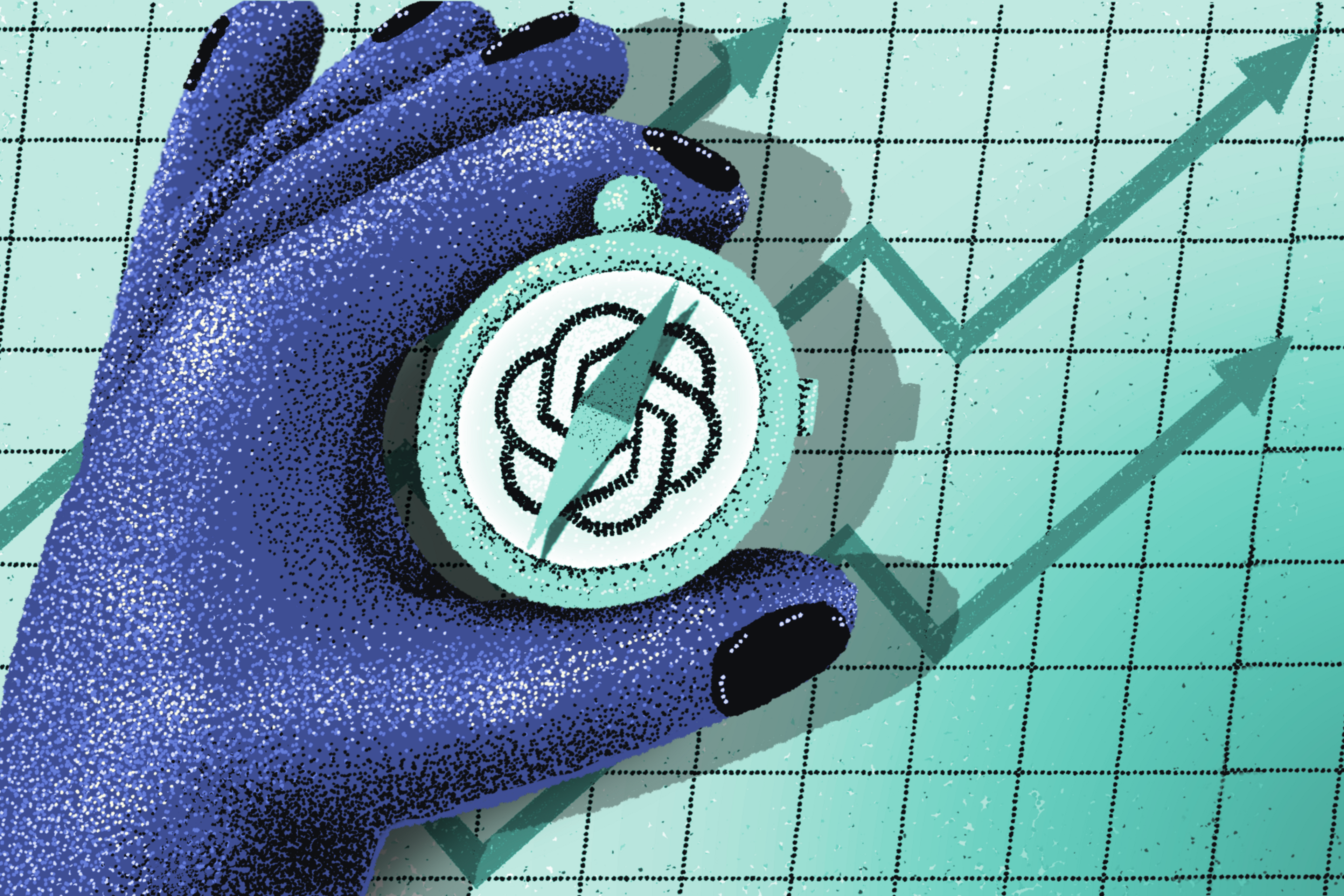 A blue hand with black nail polish holds a compass featuring the OpenAI logo, set against a teal grid background with upward-trending arrows.