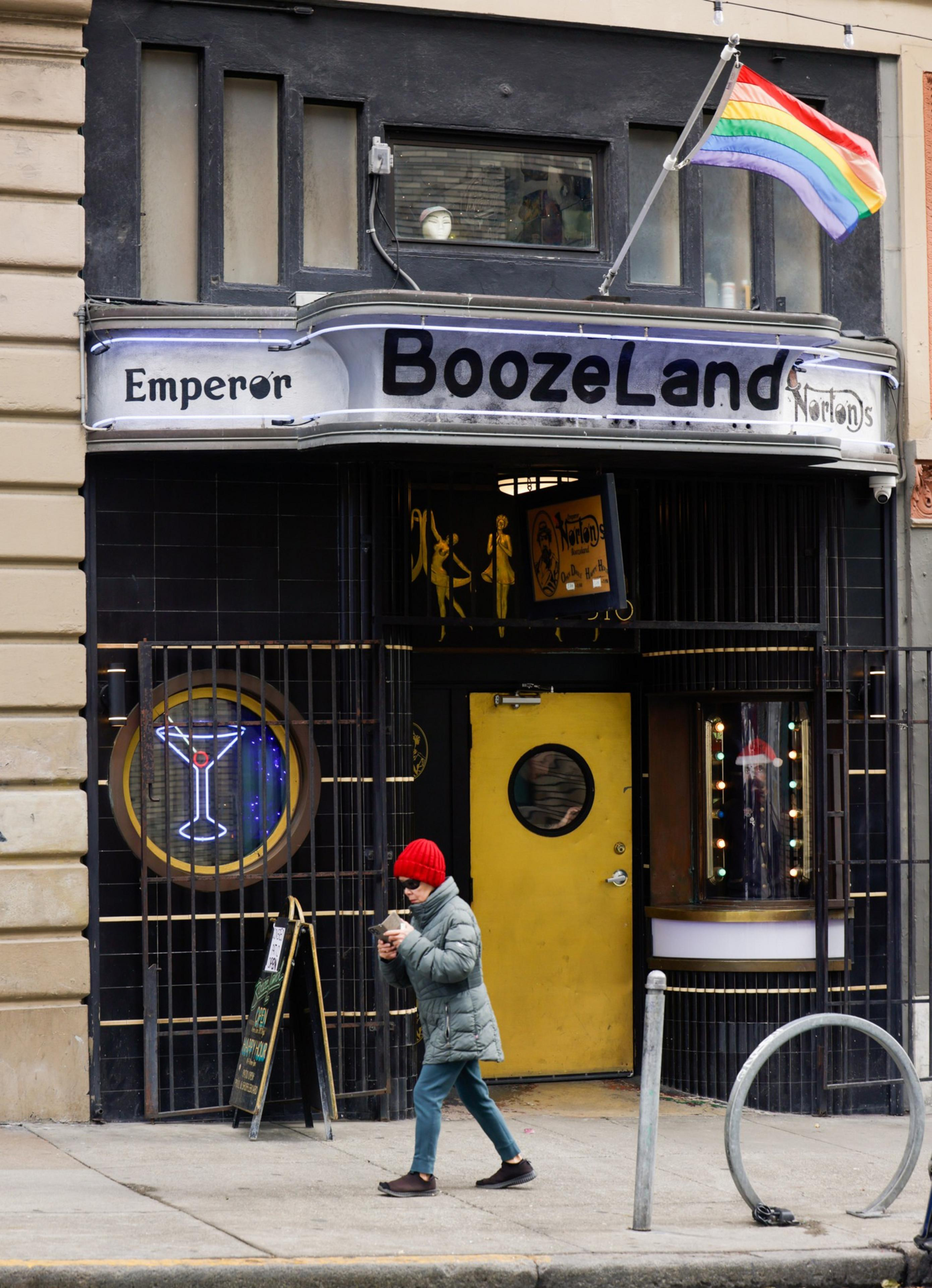 A person in a red beanie walks past a bar named &quot;Emperor Norton's Boozeland&quot; with a rainbow flag, a yellow door, and a neon cocktail sign.