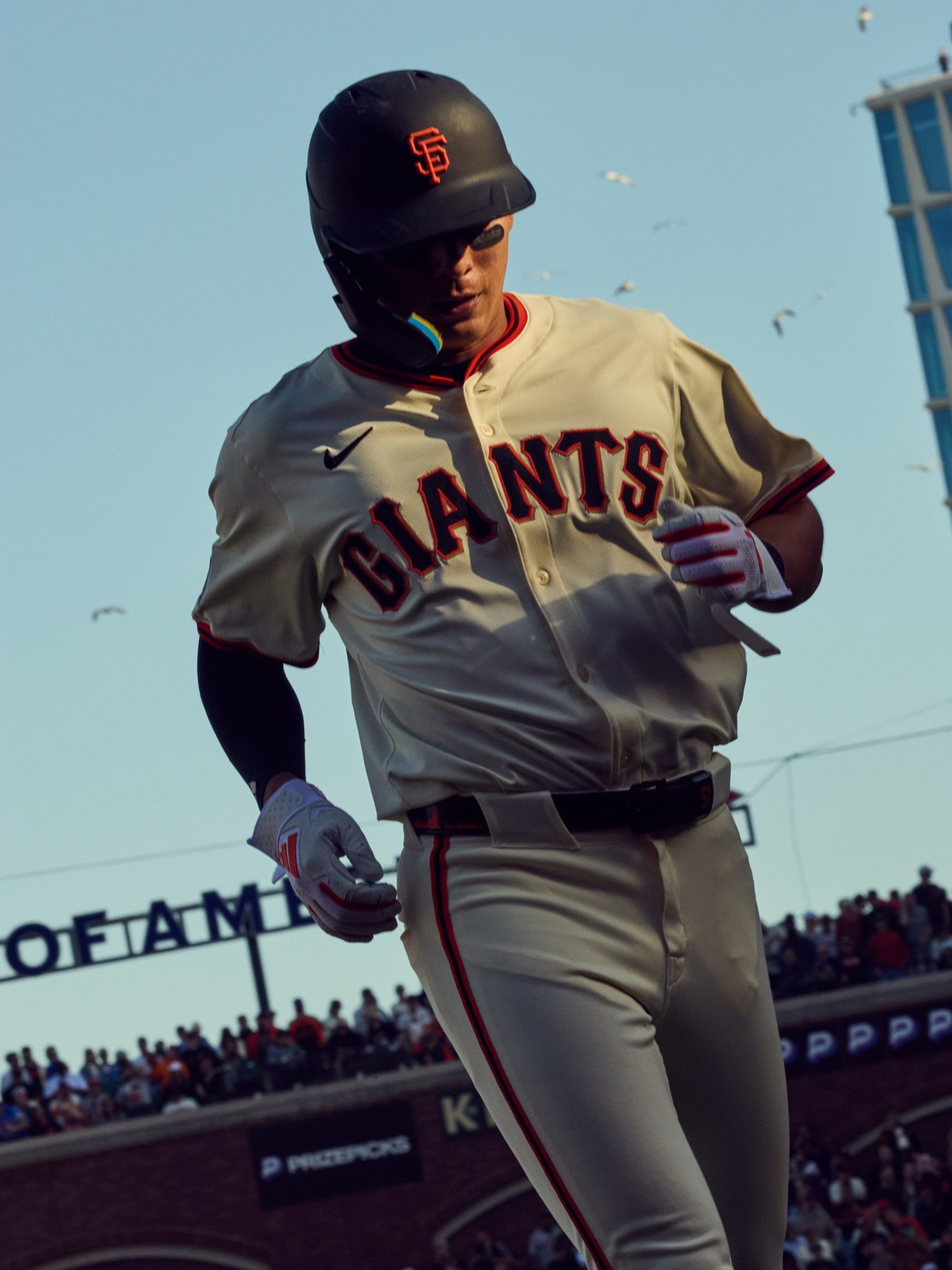 A baseball player in a cream &quot;Giants&quot; uniform and helmet walks in front of a crowd, with a clear blue sky and birds flying above.