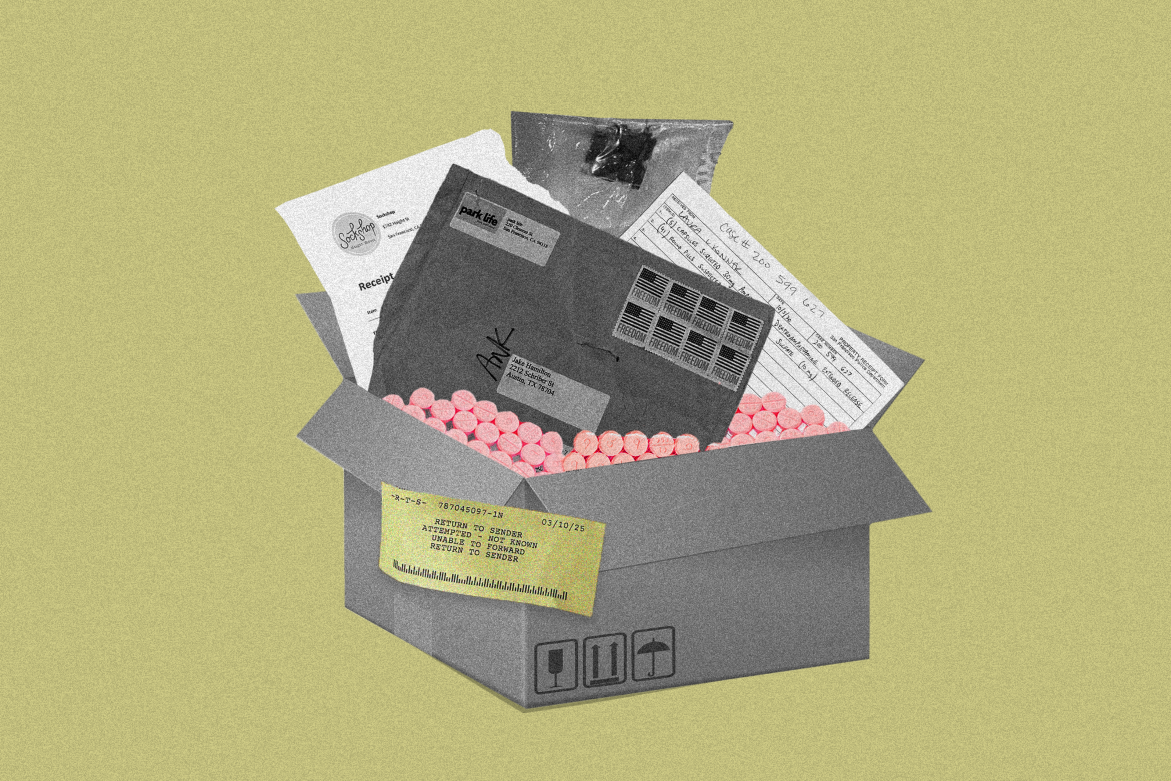 A cardboard box is filled with pink packing peanuts and various documents, including envelopes, receipts, and handwritten notes, against a light green background.