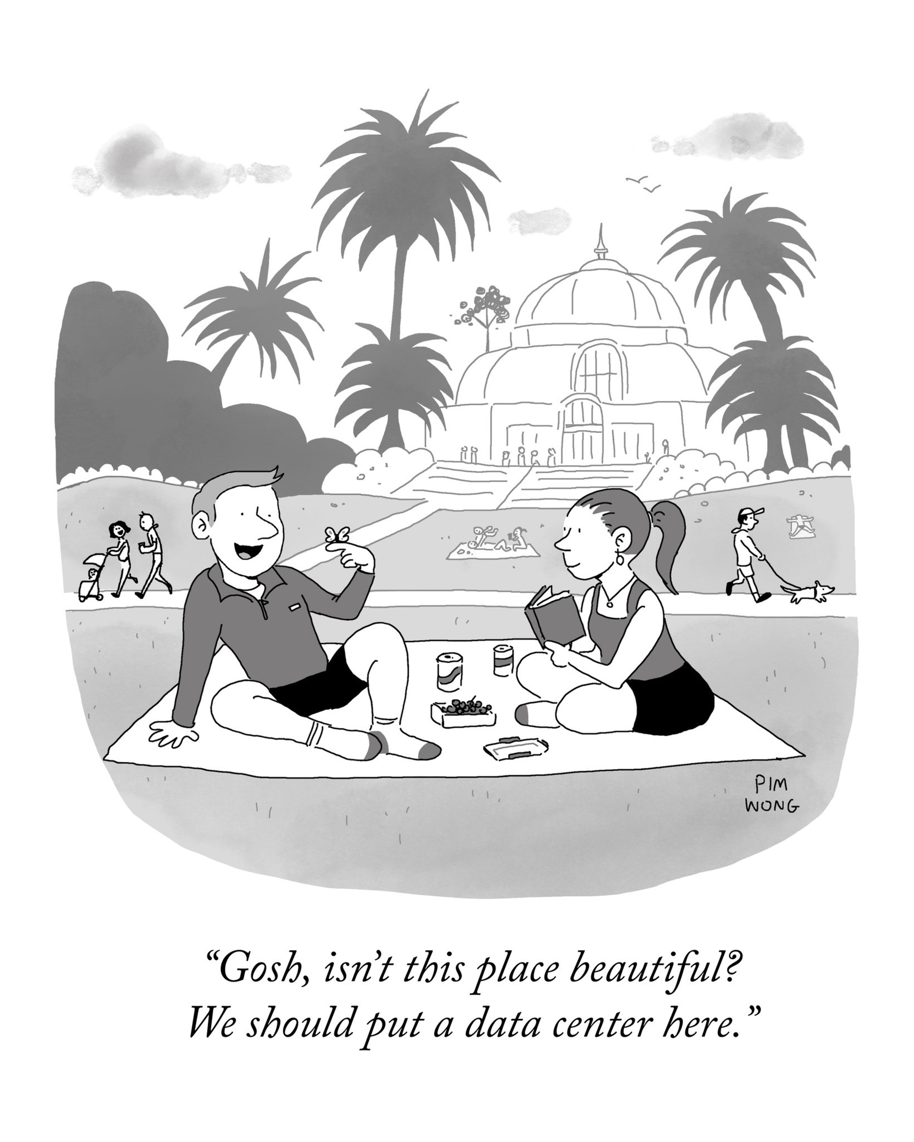 A couple picnics in a park with palm trees and a domed building, while a man walks a dog and another couple strolls nearby.