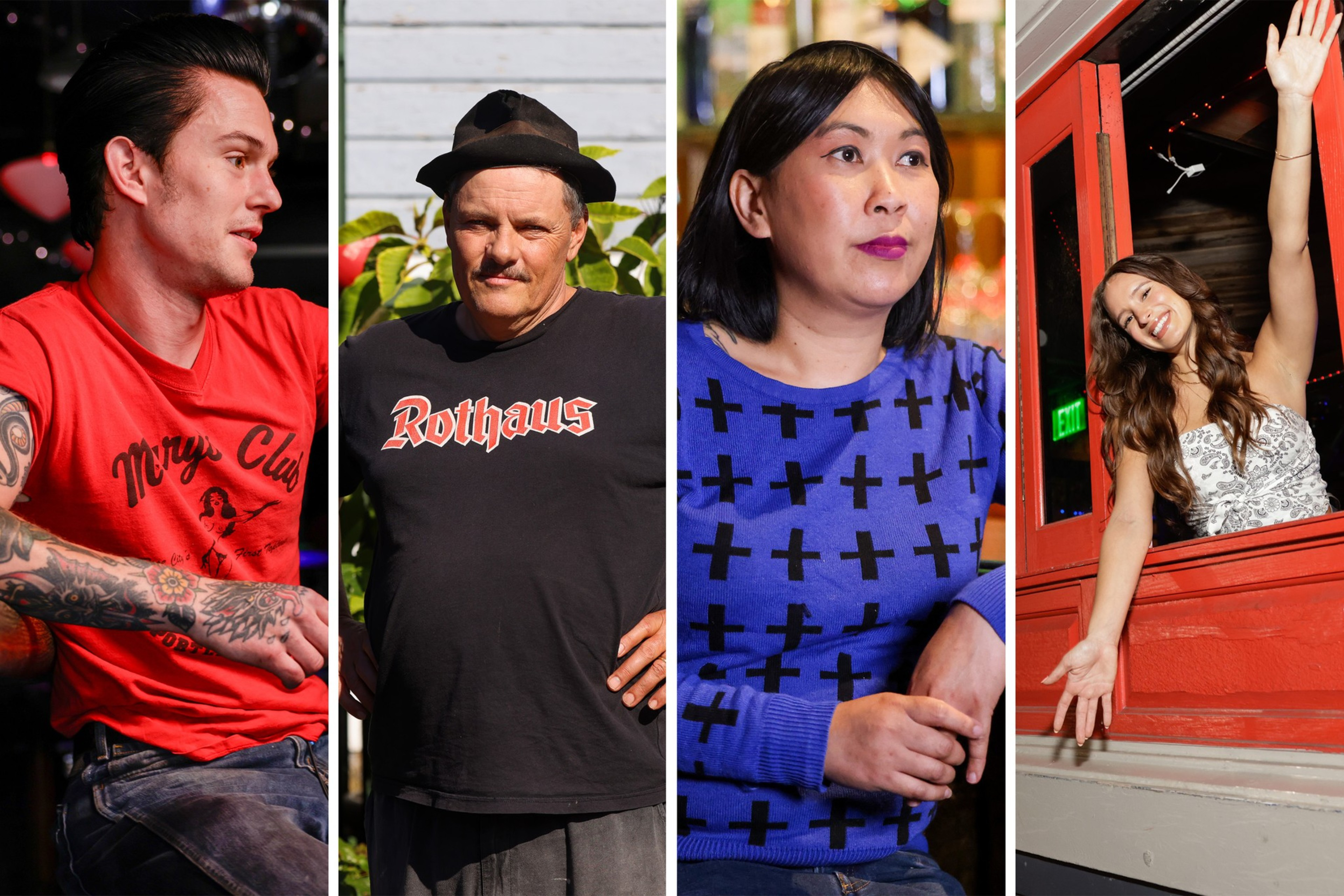 The image is split into four segments, each showing a different person. They are dressed casually and posed in various settings, including indoors and outdoors.
