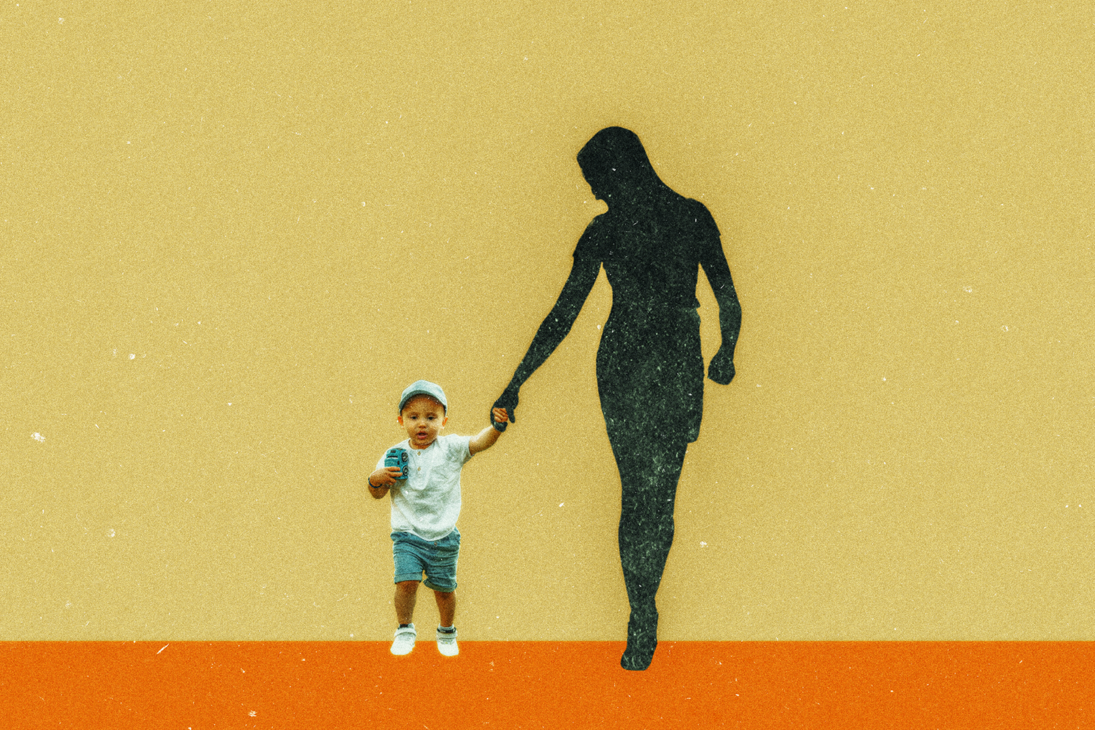 A child in a cap holds hands with the silhouette of an adult figure. The background is a textured mix of beige and orange tones.