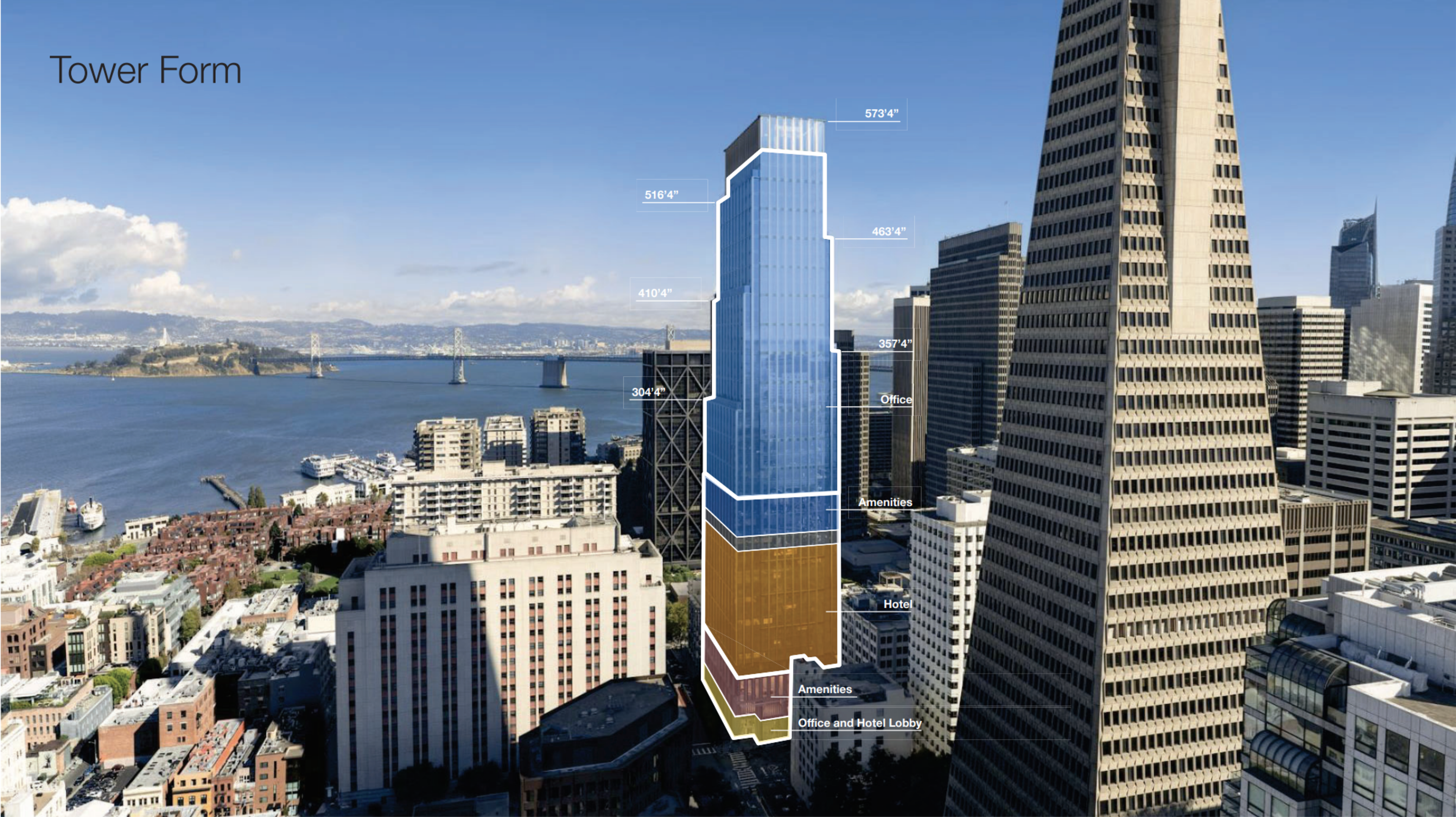 The image depicts a skyscraper with labeled sections for amenities, offices, and hotels. It stands tall in a cityscape with a bay and bridge in the background.