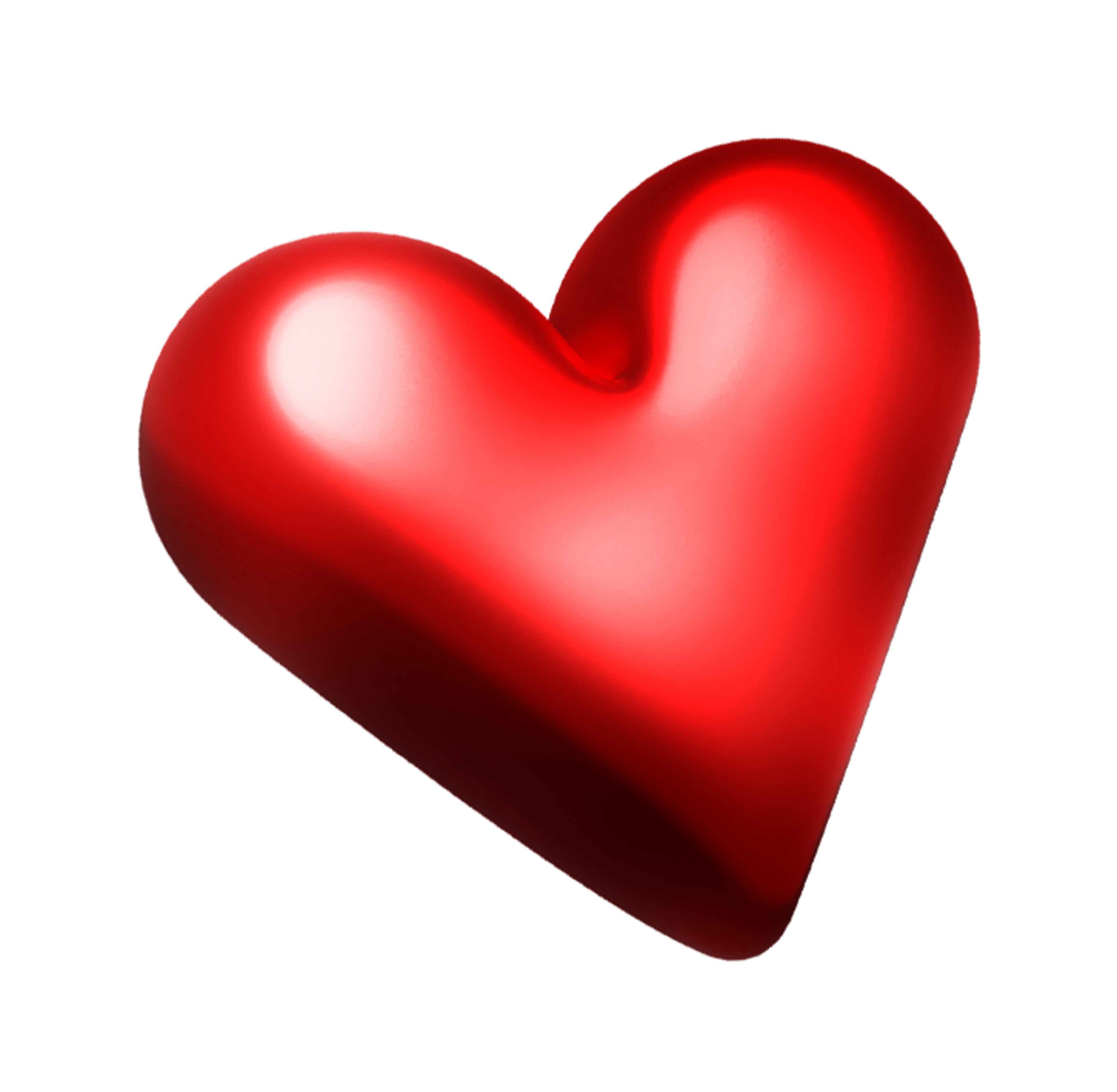 A shiny, smooth red heart with a three-dimensional, rounded shape and soft highlights on a white background.