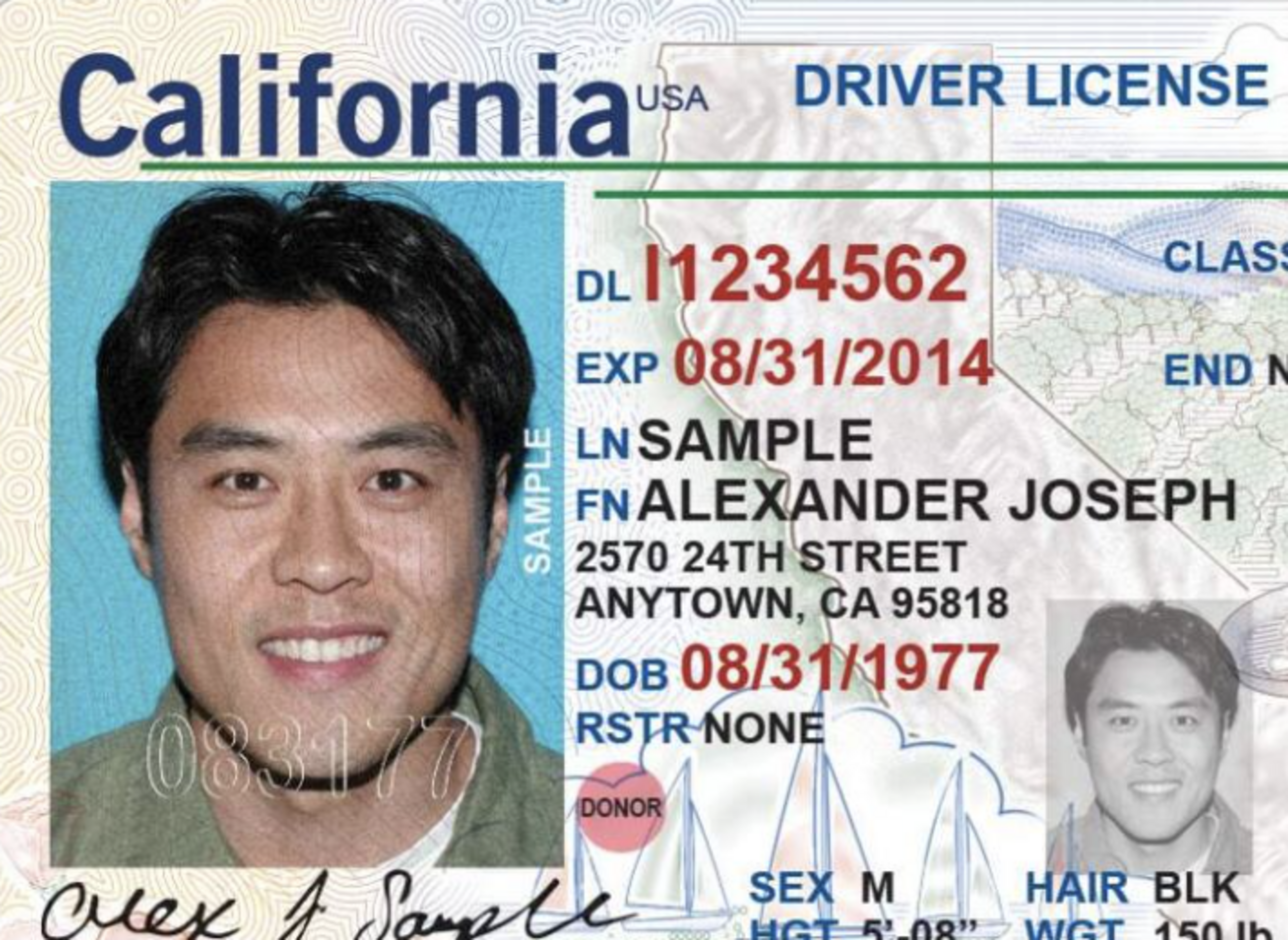 A sample california driver's license card with a man's picture