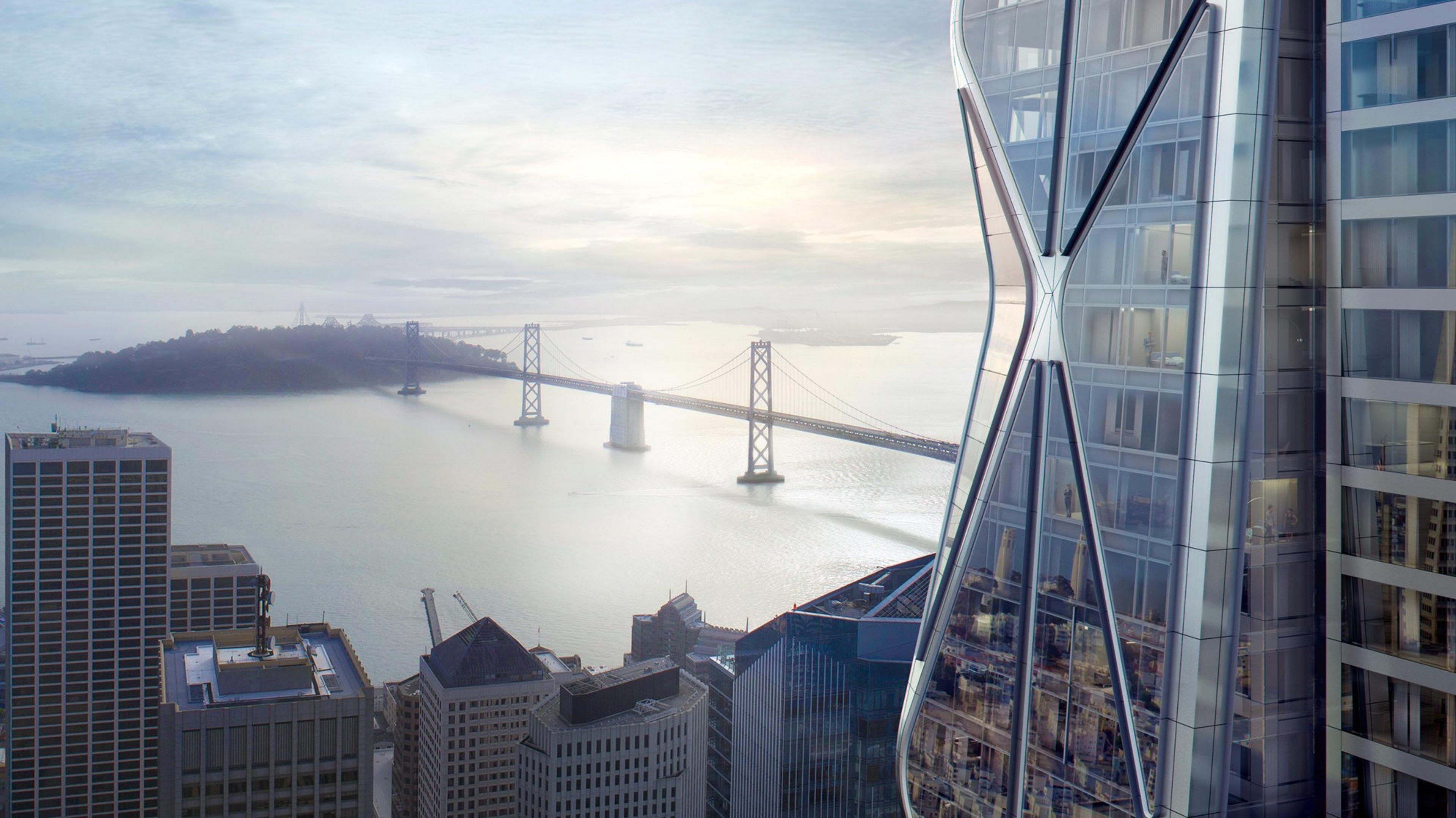 A city skyline with a sleek building in the foreground, a bridge, and an island in soft light.