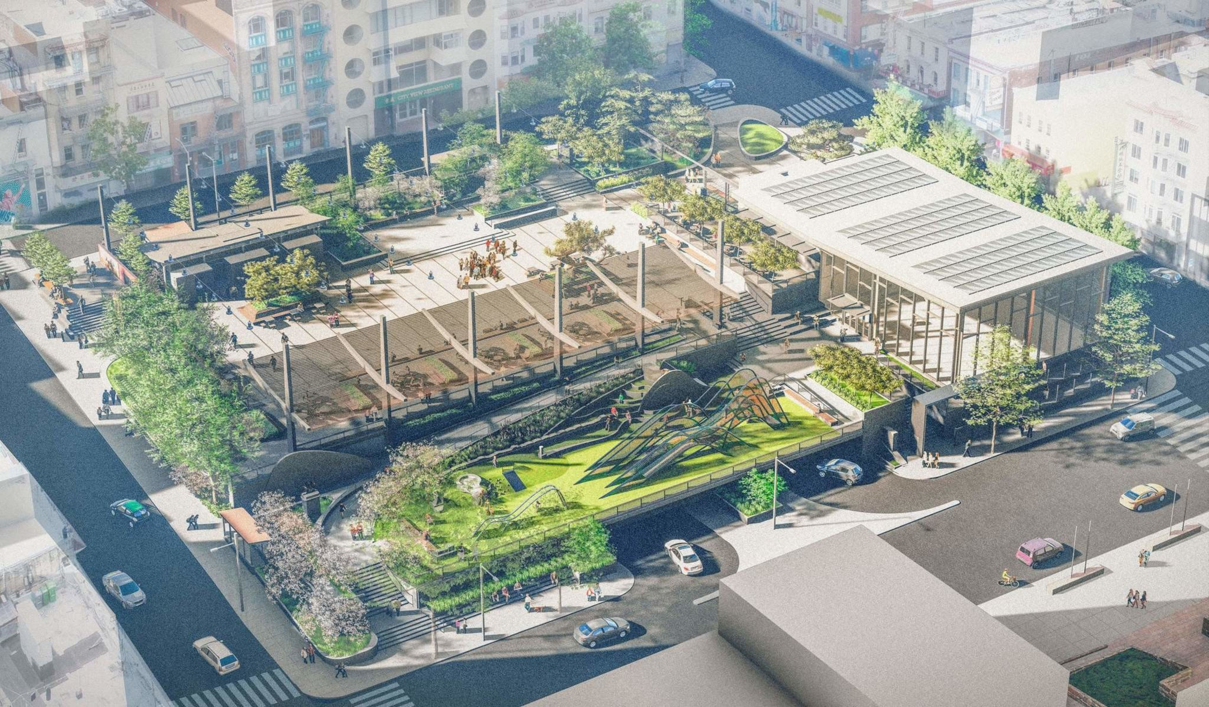 The image shows an urban park with green spaces, a playground, and a modern building with solar panels. People are walking and cars are on the surrounding streets.