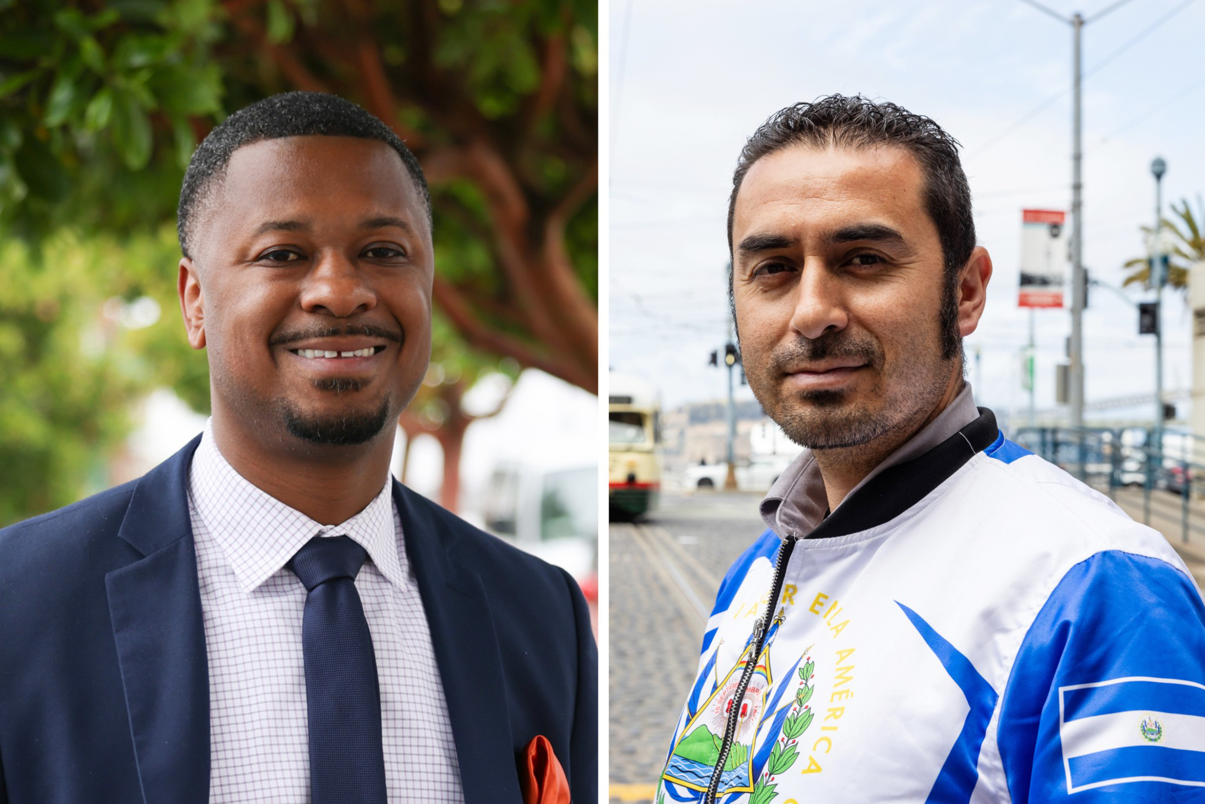 A smiling man in a suit stands outdoors by trees, and another man wearing a blue and white jacket with a flag emblem stands near a waterfront.