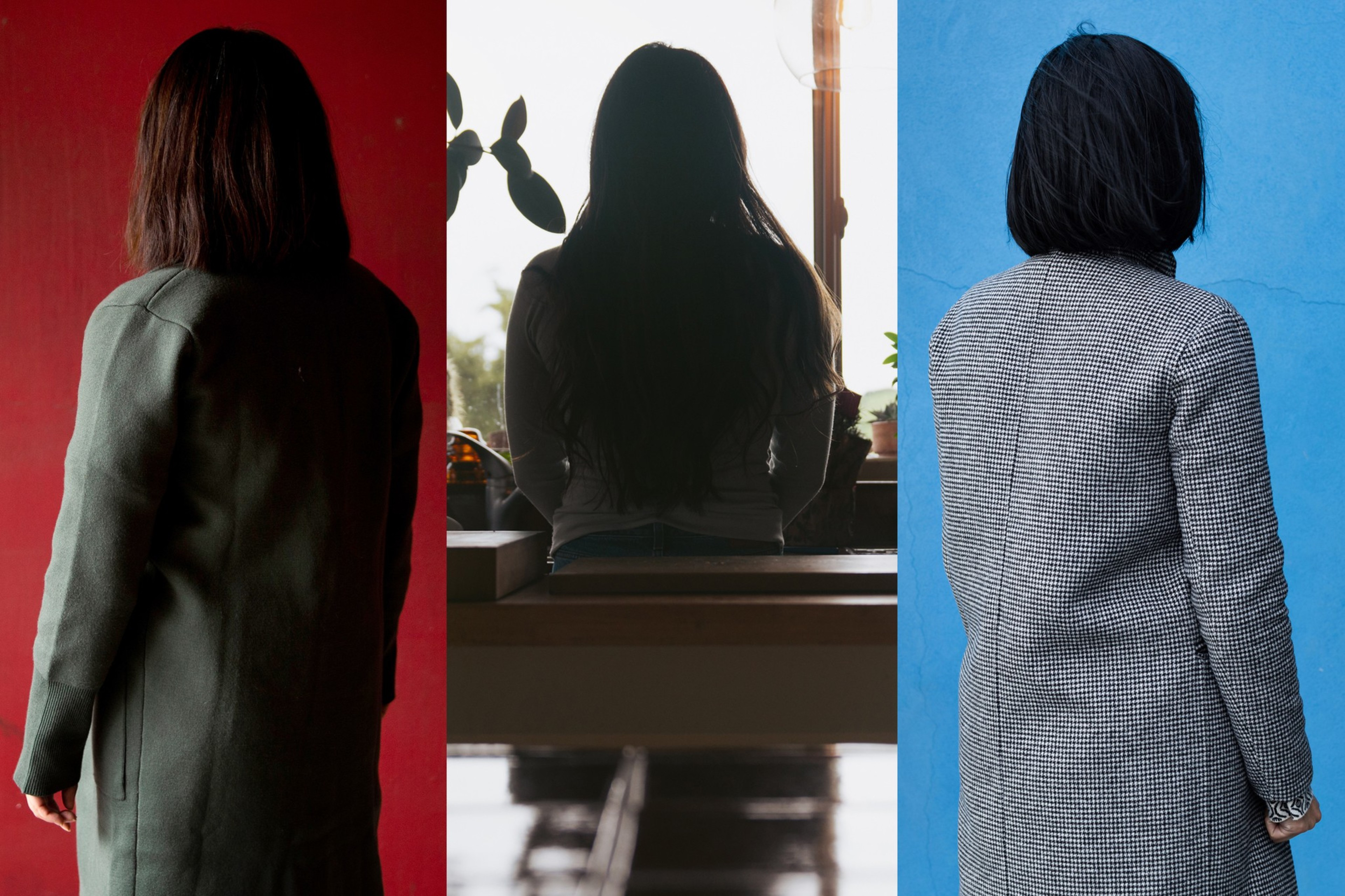 Three women seen from the back against colorful backgrounds: red, window-lit beige, and blue.
