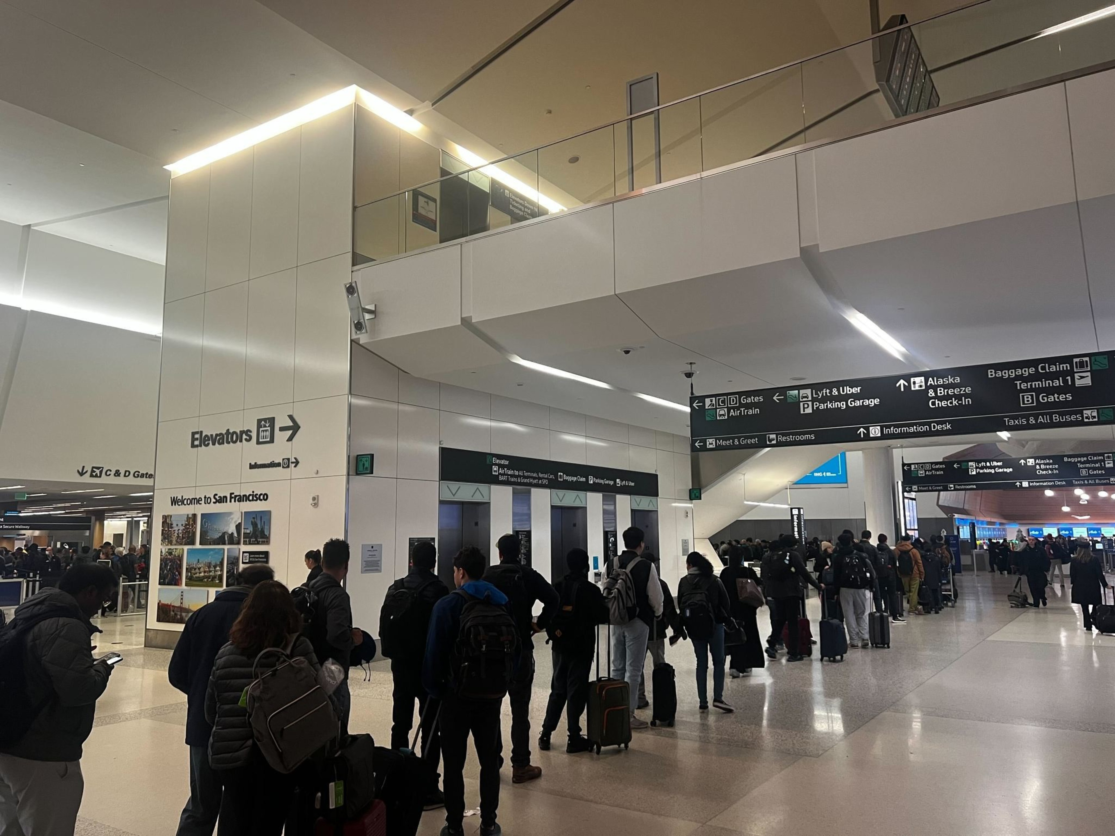 A line of people in dark clothing with suitcases stands under fluorescent lights in a high ceilinged room.