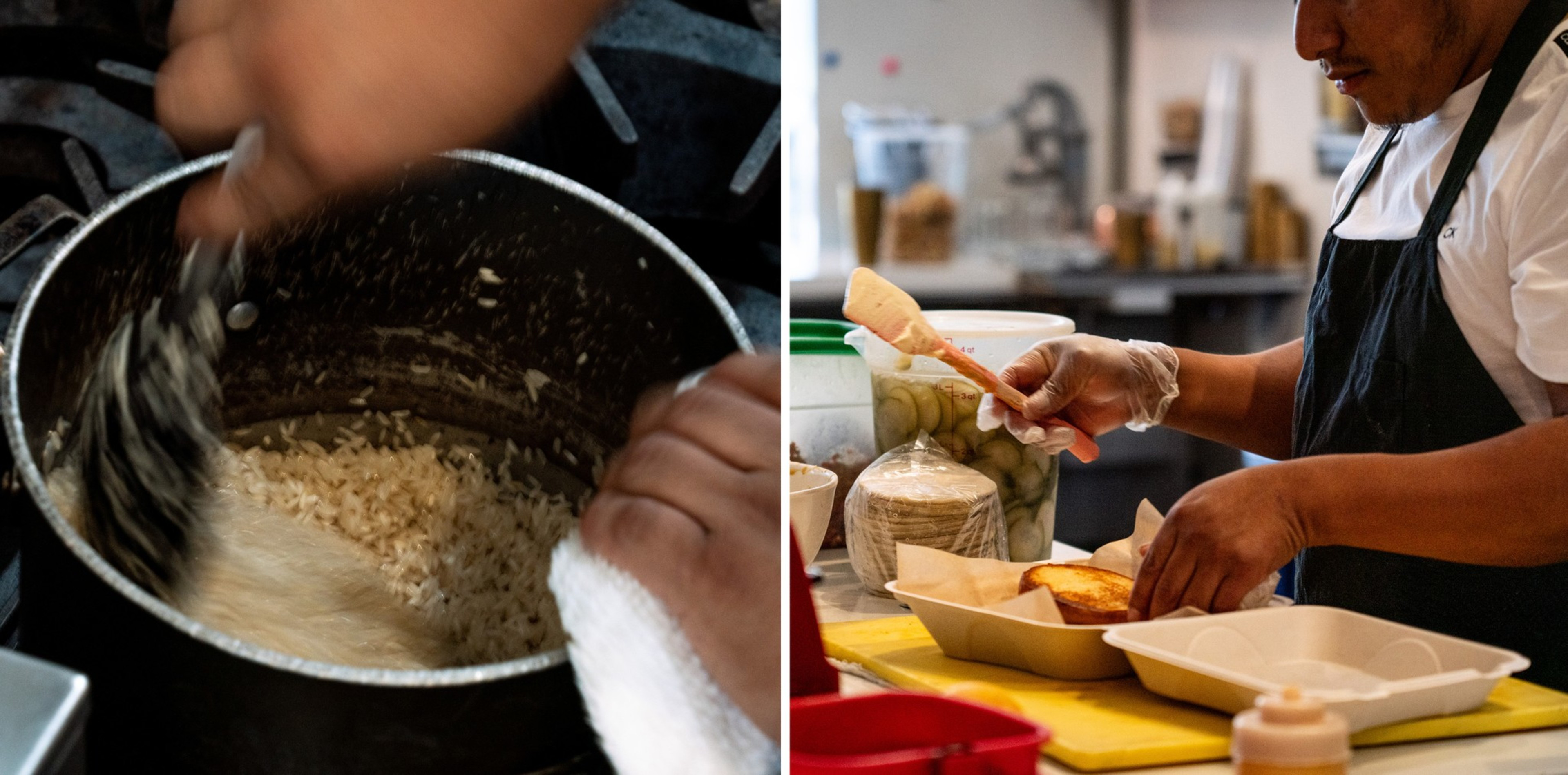 Two kitchen scenes: on the left, a pot of rice is stirred; on the right, a person preps food in a commercial kitchen.