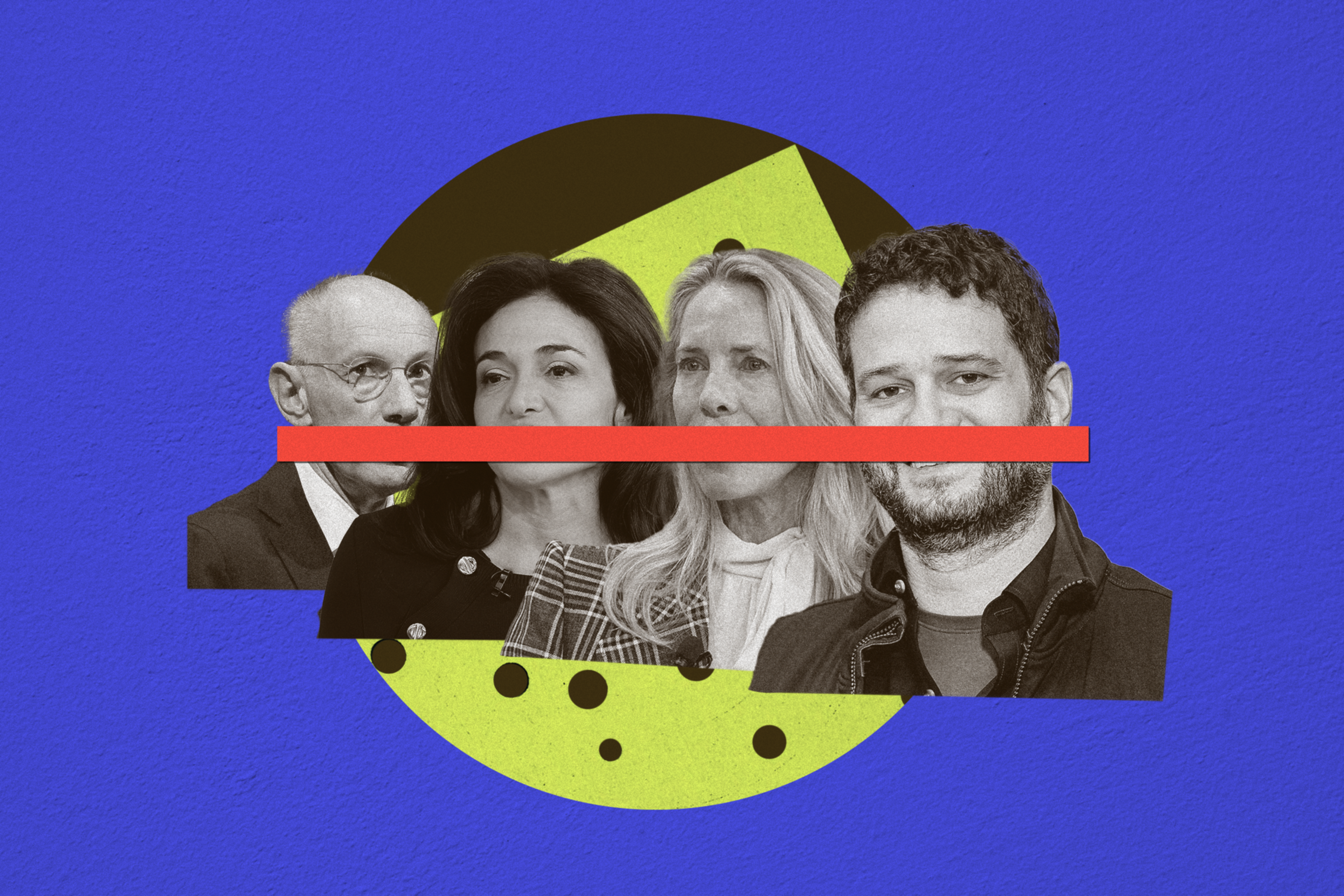 Four people’s cutout portraits are arranged side by side over a blue background with a black and yellow circular graphic behind them, and a red horizontal bar crosses their faces.