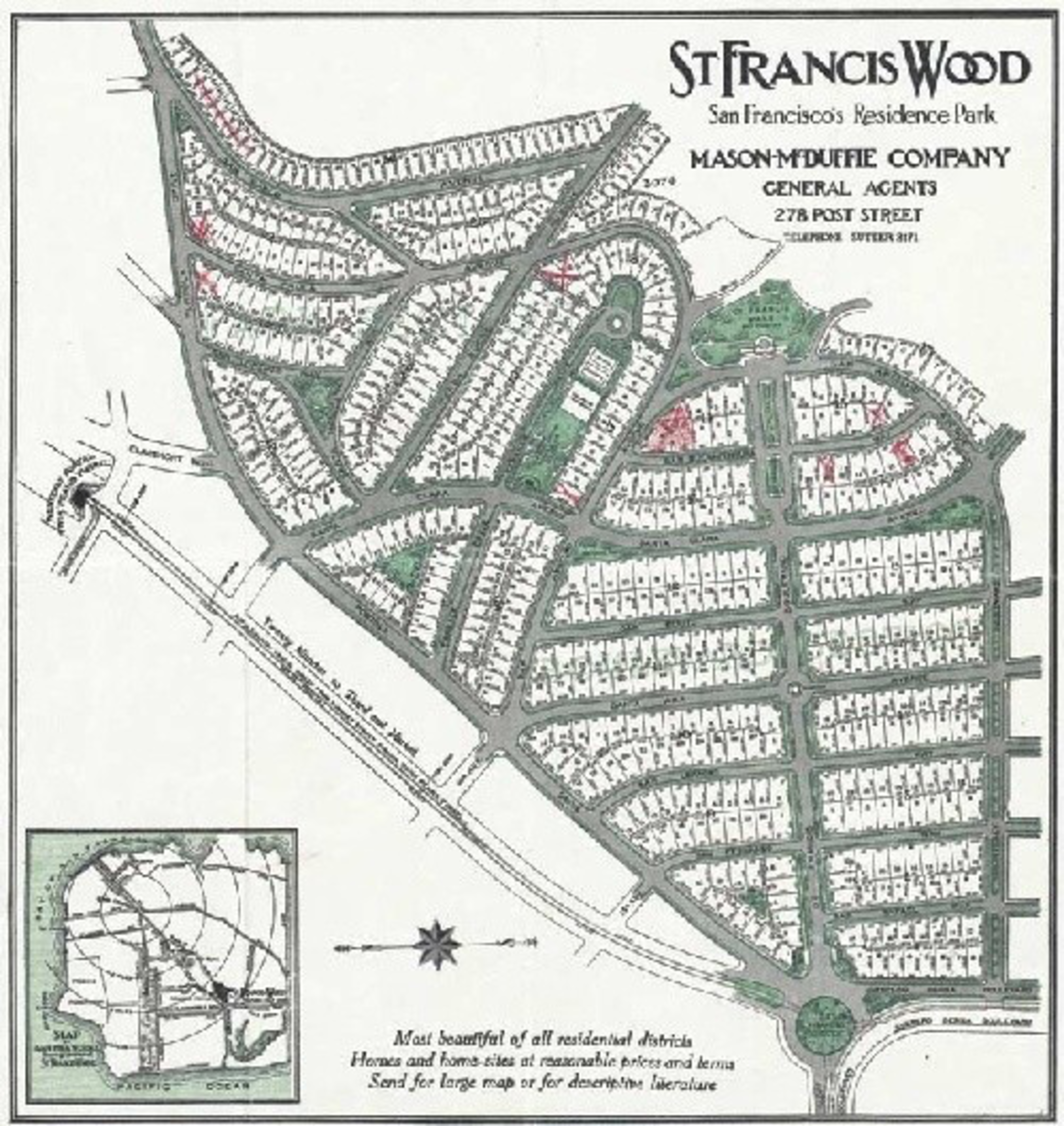 Street map of St. Francis Wood residence park in San Francisco showing housing plots, green parks, and main roads with a smaller inset map of the area.