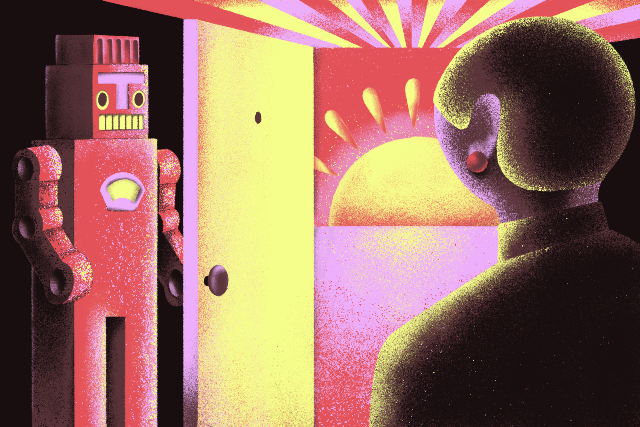 A person with a round head and earring faces a door opening to a robot and a bright, stylized sunrise with rays in pink and yellow hues.