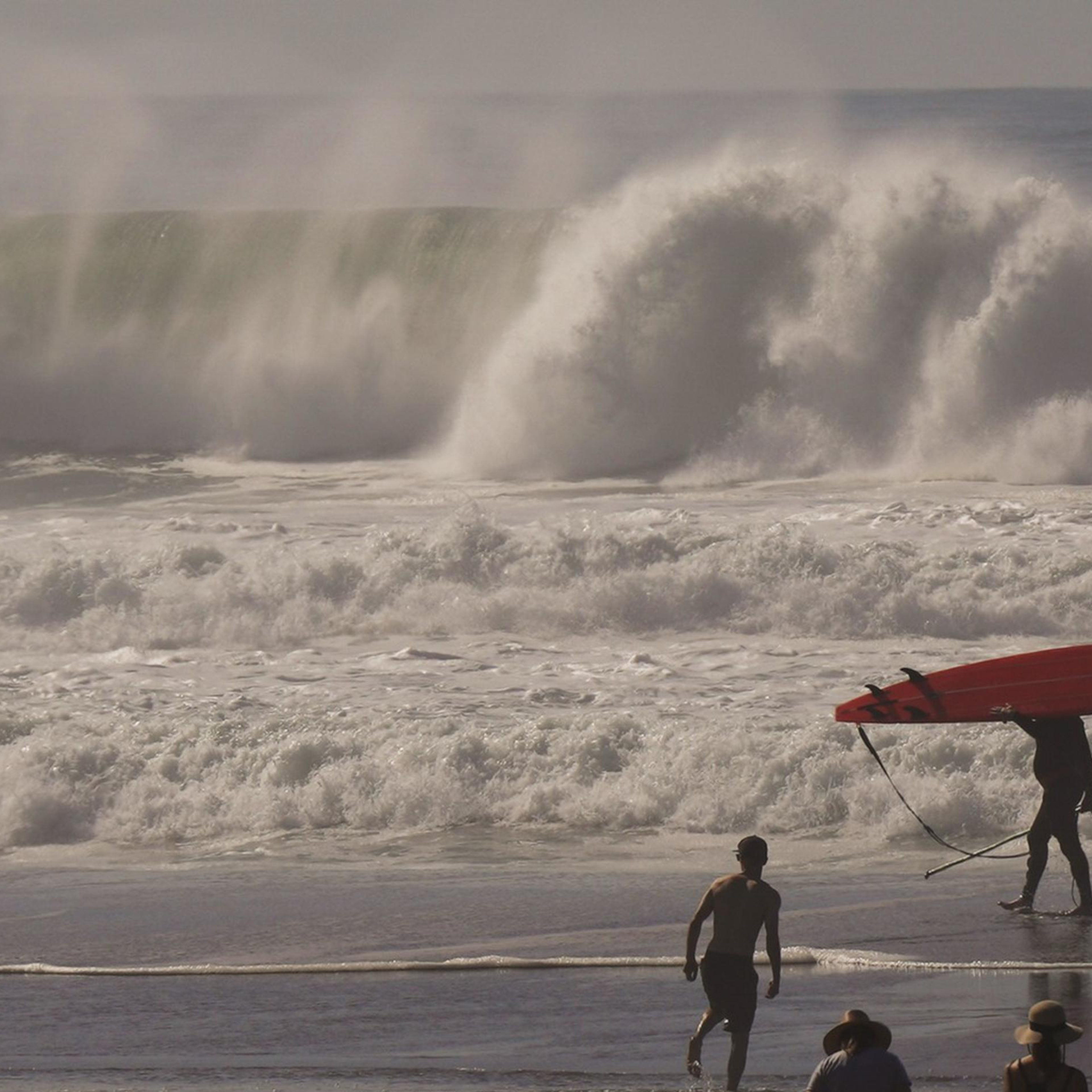A beach scene with people in the foreground, and a person carrying a red surfboard near large crashing waves. A small dog and several beachgoers are present.