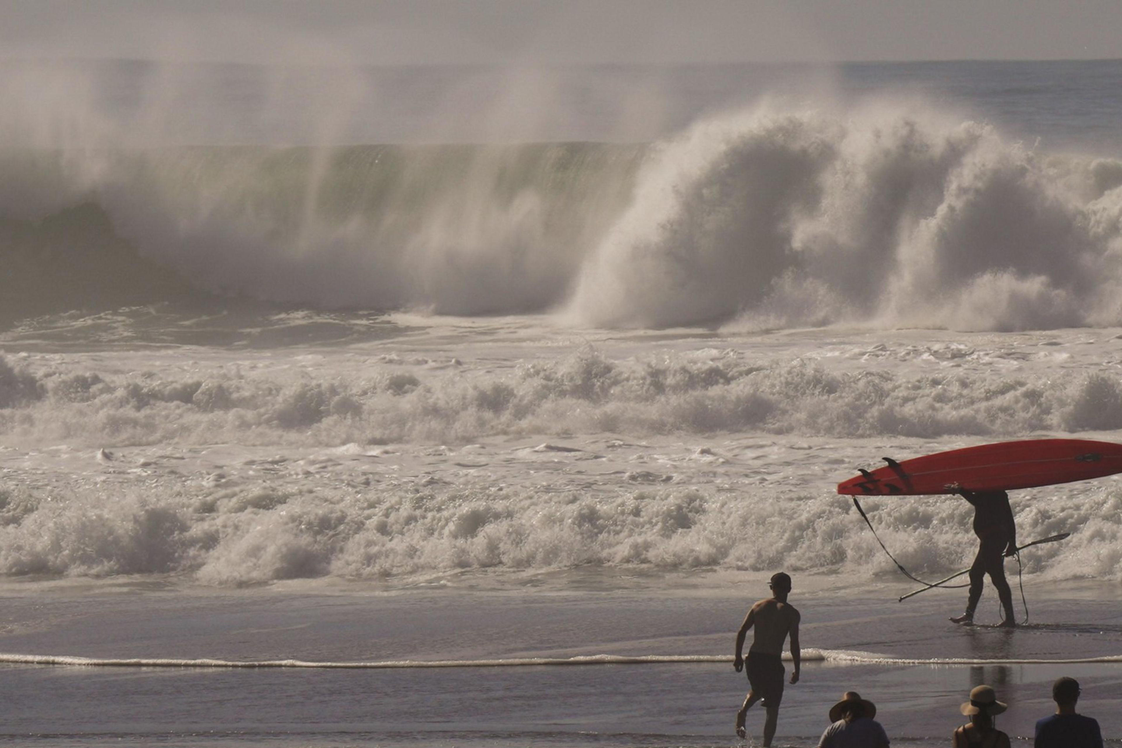 A beach scene with people in the foreground, and a person carrying a red surfboard near large crashing waves. A small dog and several beachgoers are present.