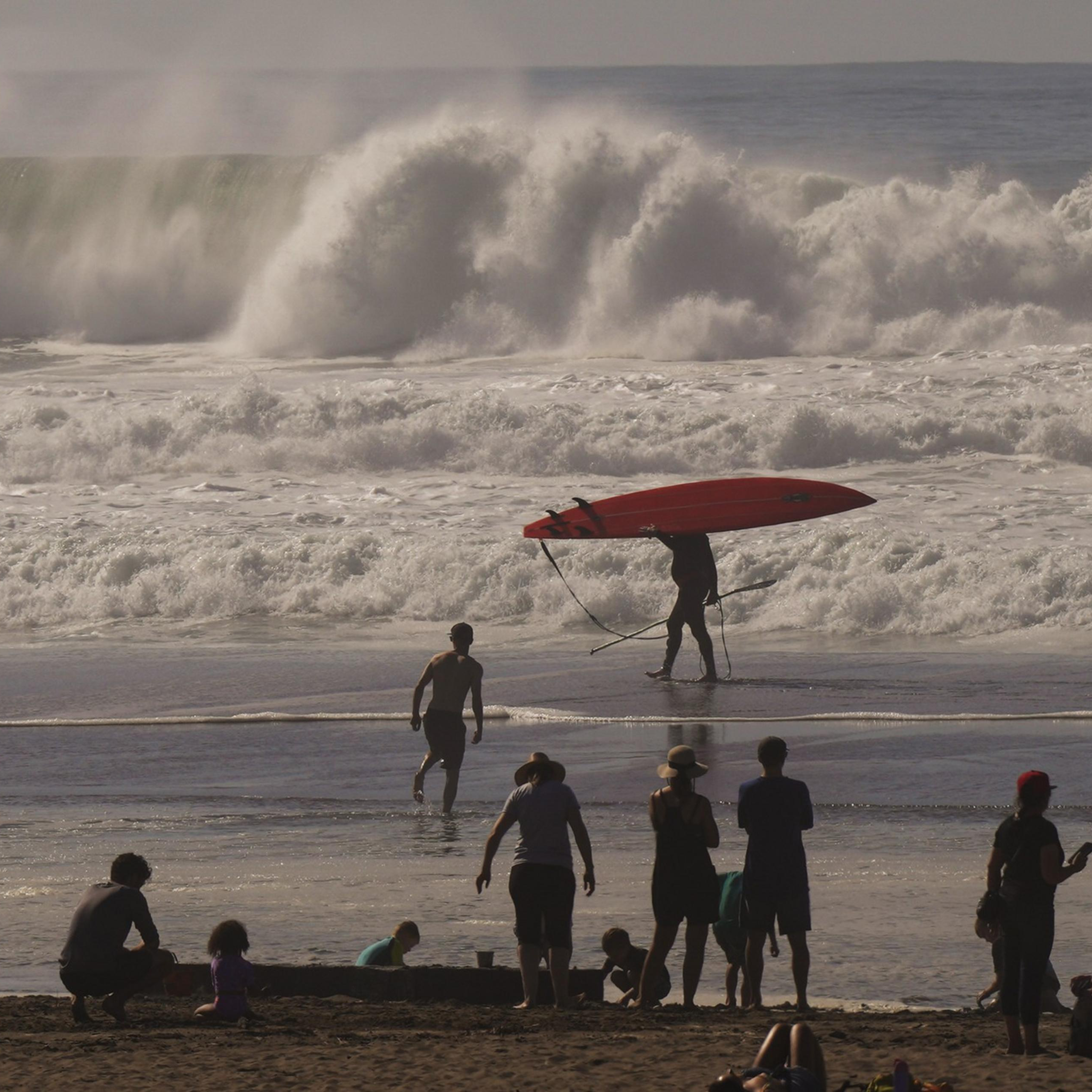 A beach scene with people in the foreground, and a person carrying a red surfboard near large crashing waves. A small dog and several beachgoers are present.