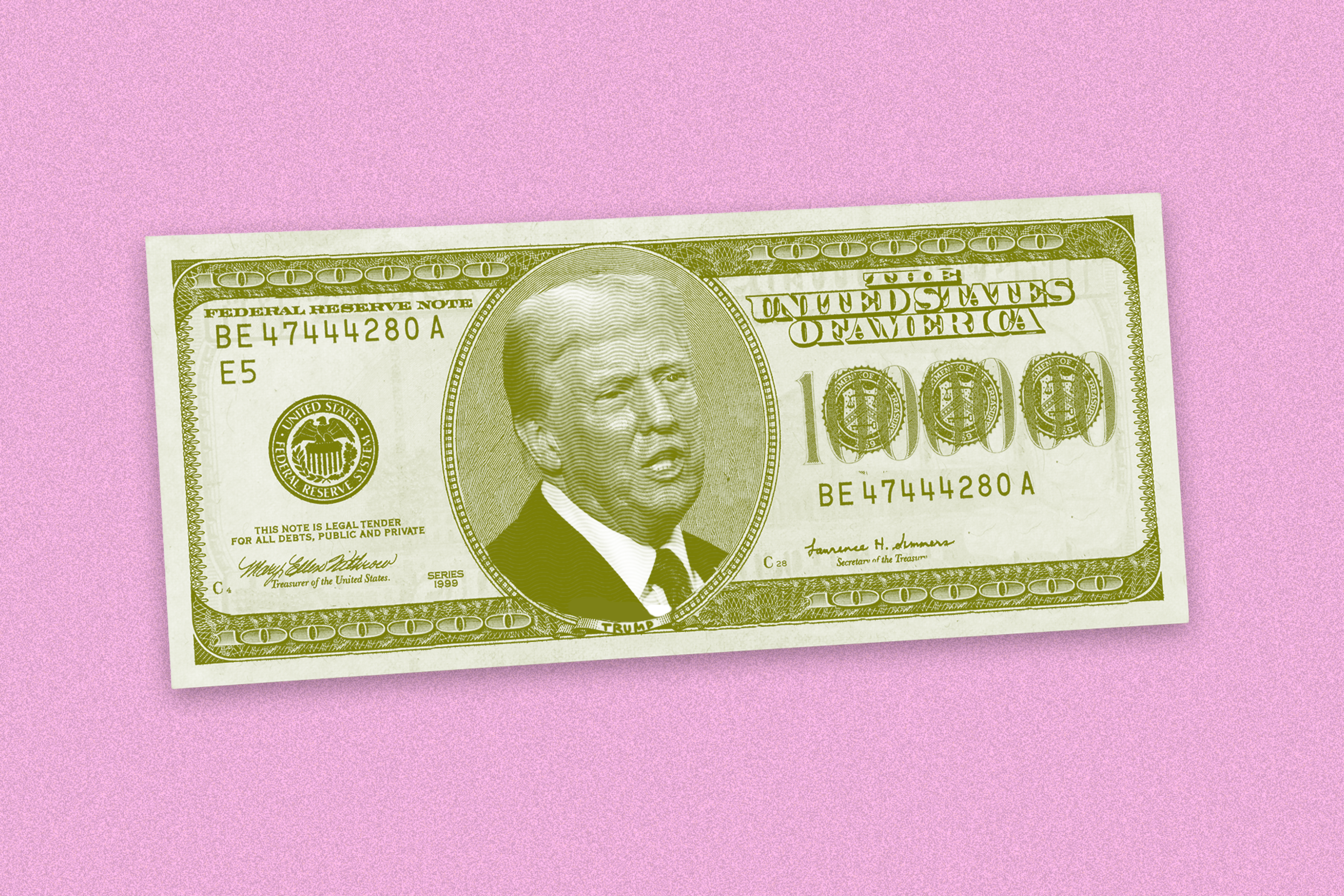 Donald Trump's face is superimposed on a $1 million bill, against a pink background