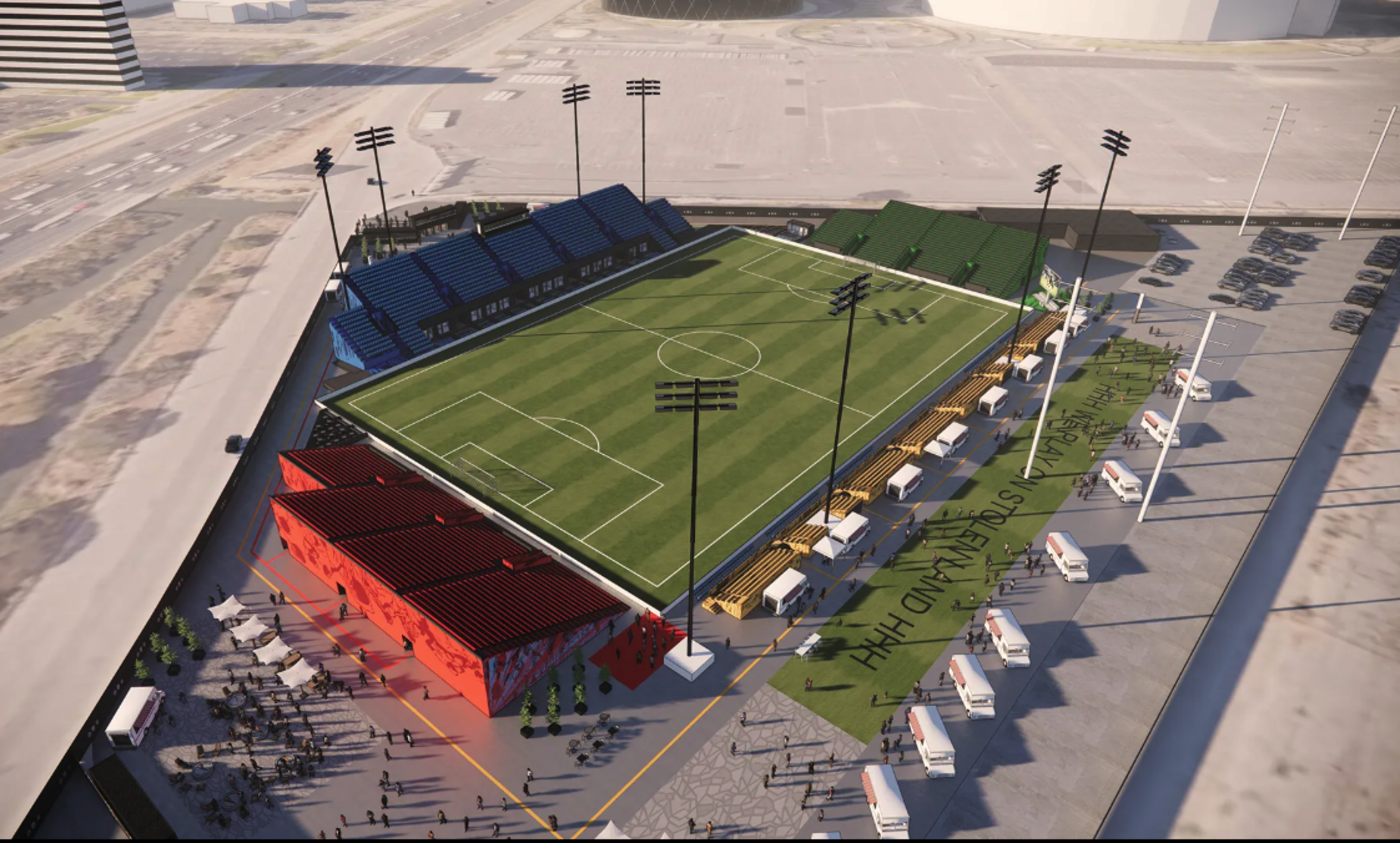 A rendering of Oakland Roots' proposed 10,000-seat modular stadium to be constructed on a lot adjacent to the Oakland Coliseum.