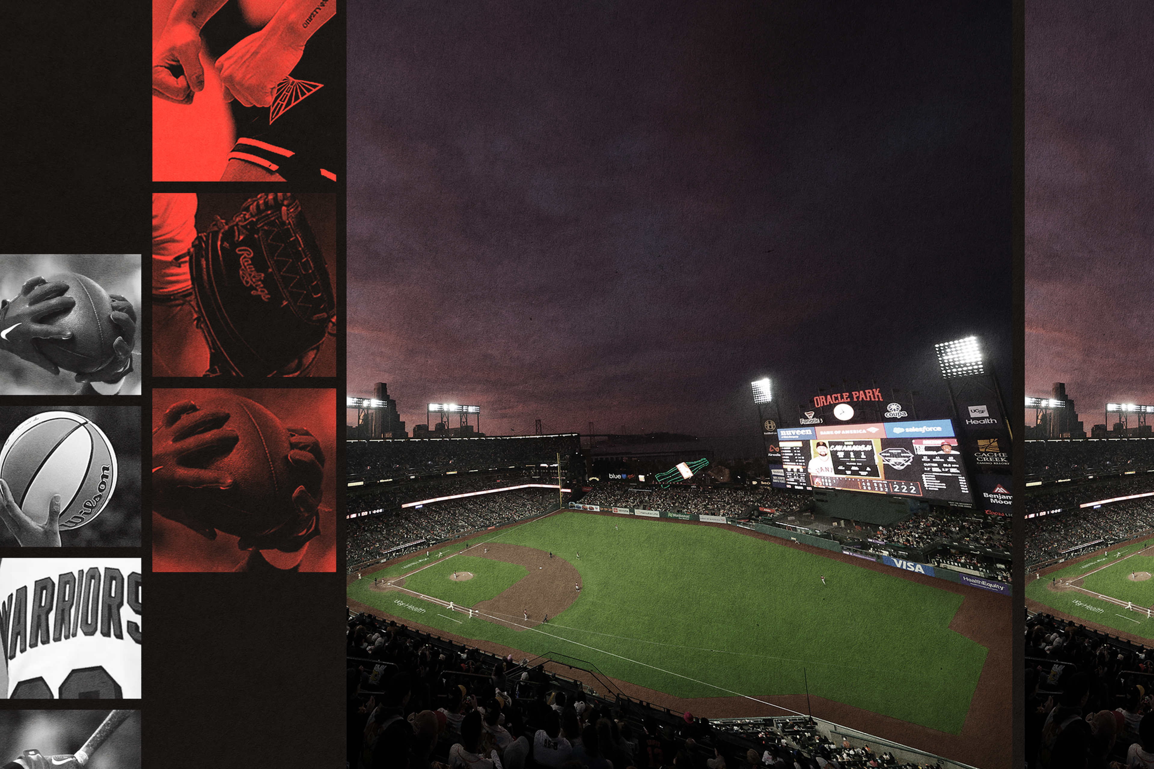 A baseball field at Oracle Park is shown during a game under dark, cloudy skies with fans in the stands and large lit scoreboards.