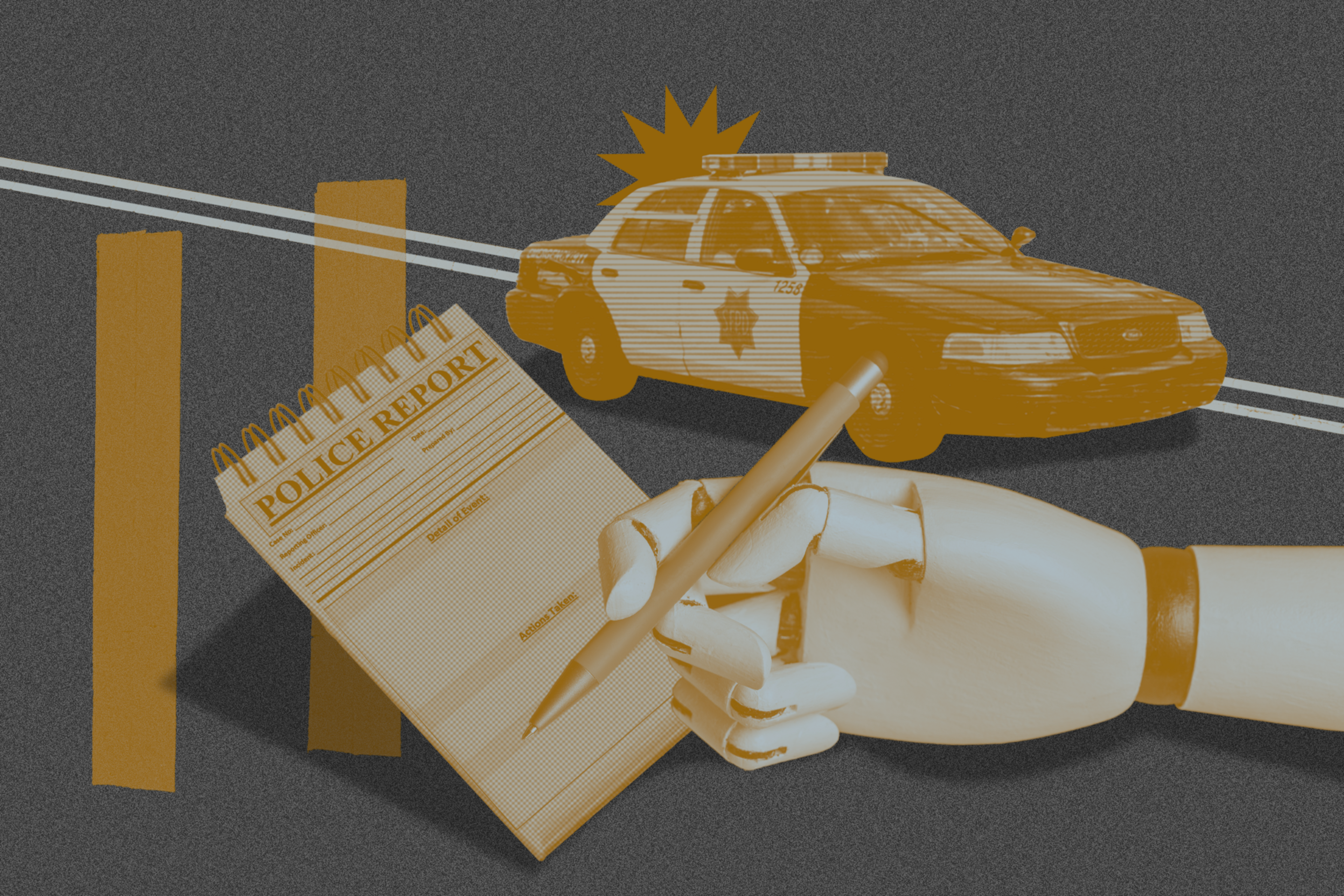 The image shows a robotic hand writing on a police report with a pencil. In the background, there's a police car and stylized lines on a gray textured surface.