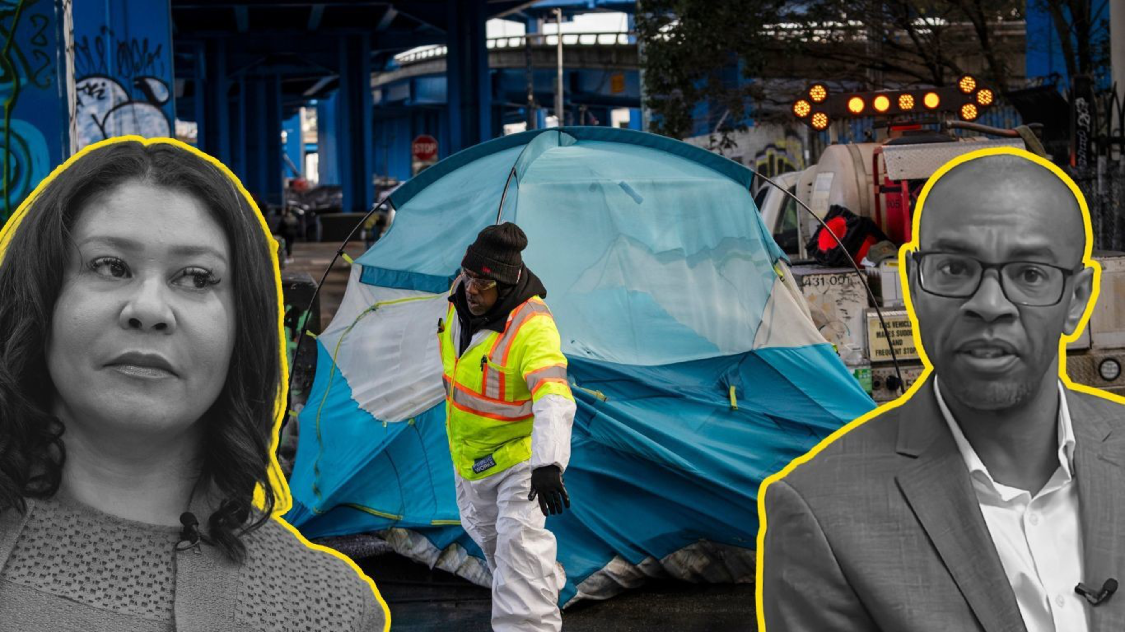 The image features two grayscale close-up portraits overlaid on a scene where a worker in a reflective jacket dismantles a blue tent under a bridge.