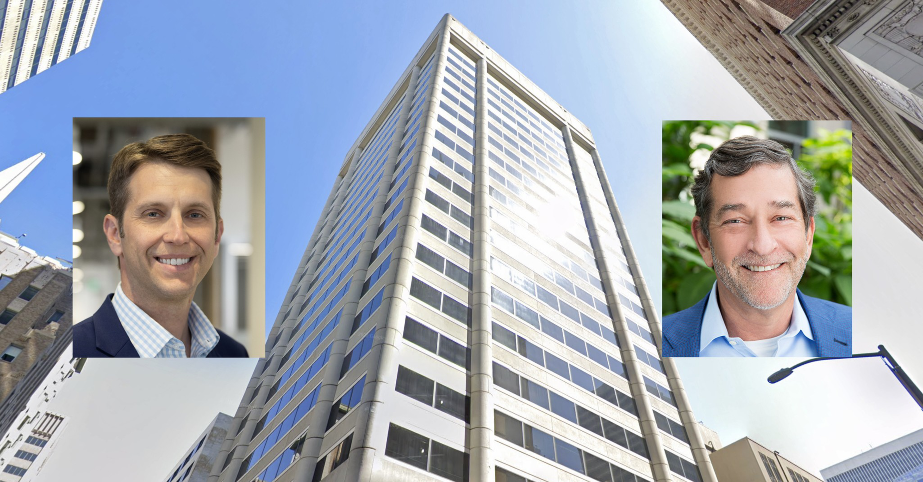 The image features a modern skyscraper flanked by two portraits of smiling men in business attire on either side. The setting suggests a bustling urban environment.