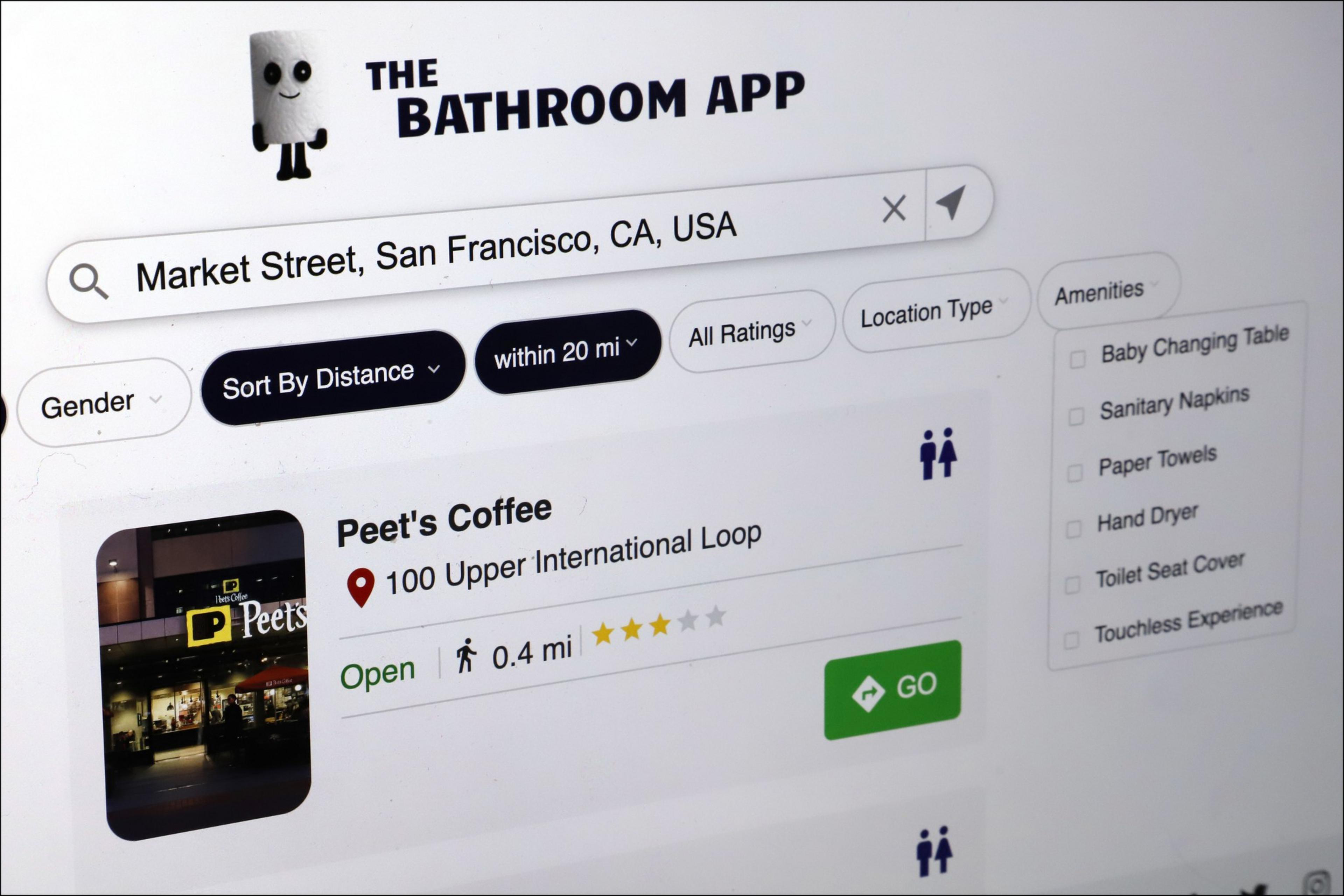 A close-up shot shows a bathroom locator app on a computer screen.