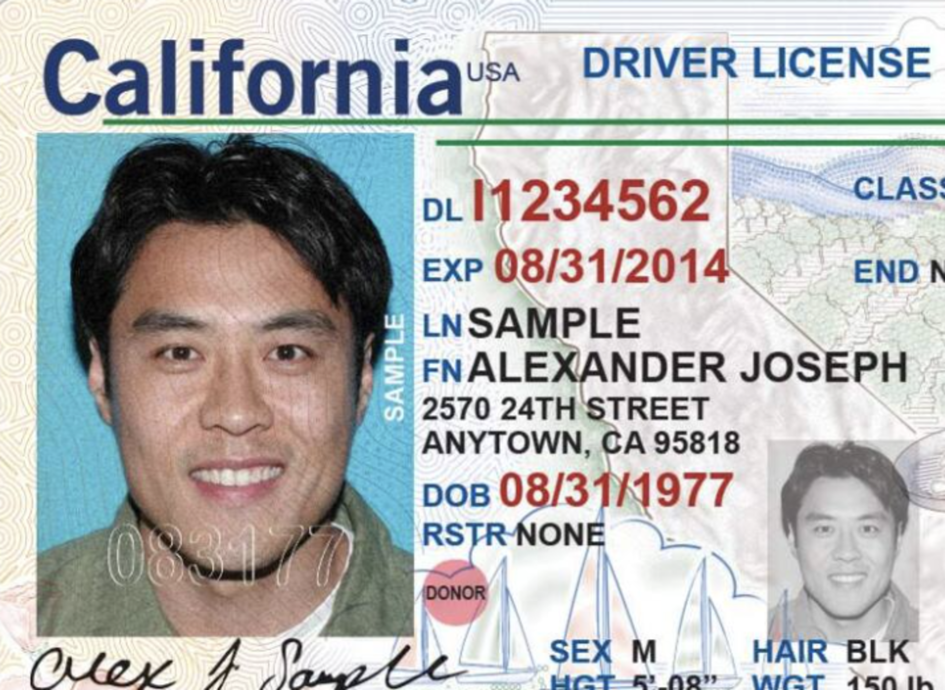 A sample california driver's license card with a man's picture