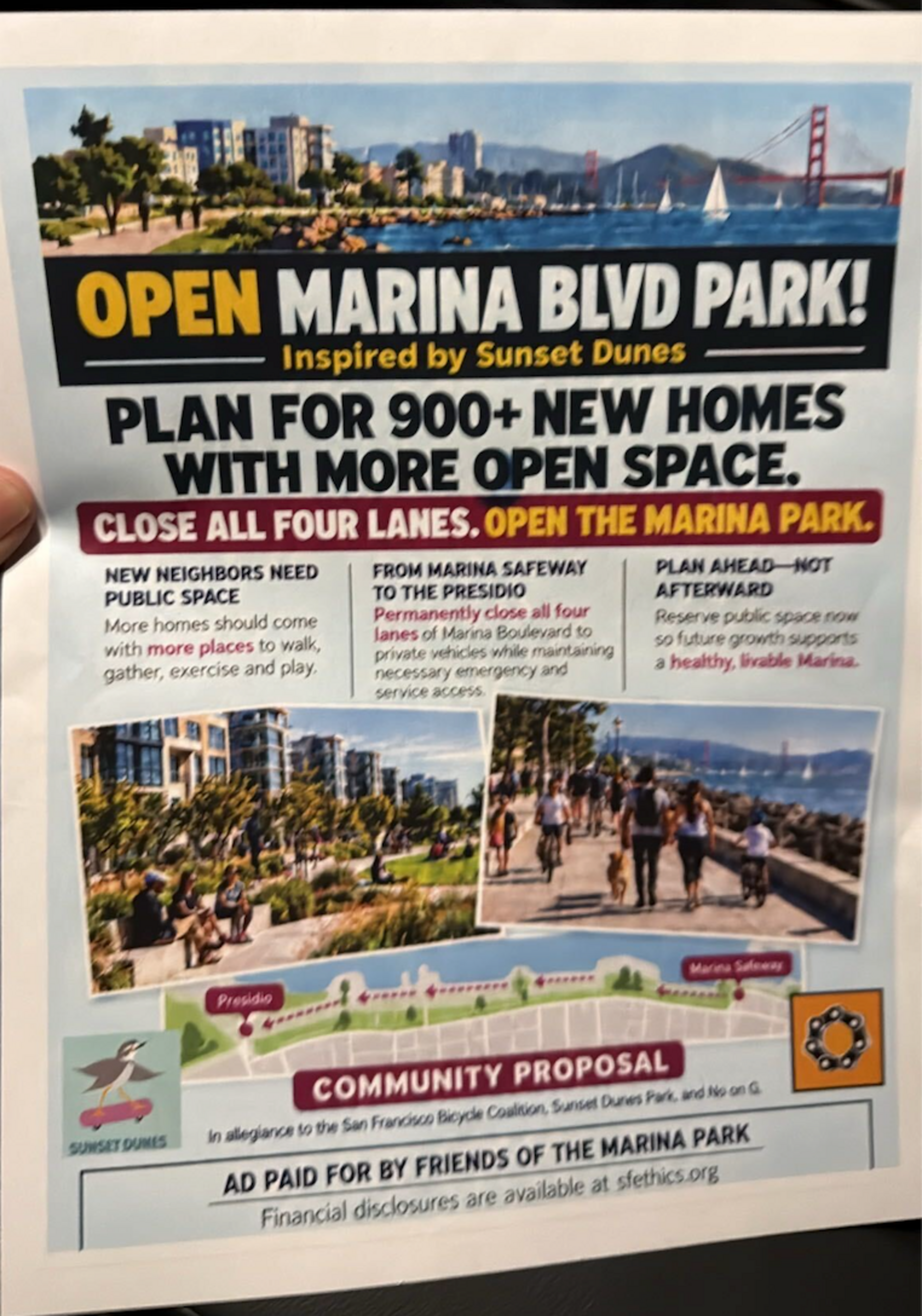 Plan for 900+ new homes and more open space by closing all four lanes of Marina Boulevard to create a park inspired by Sunset Dunes with safe pedestrian paths.