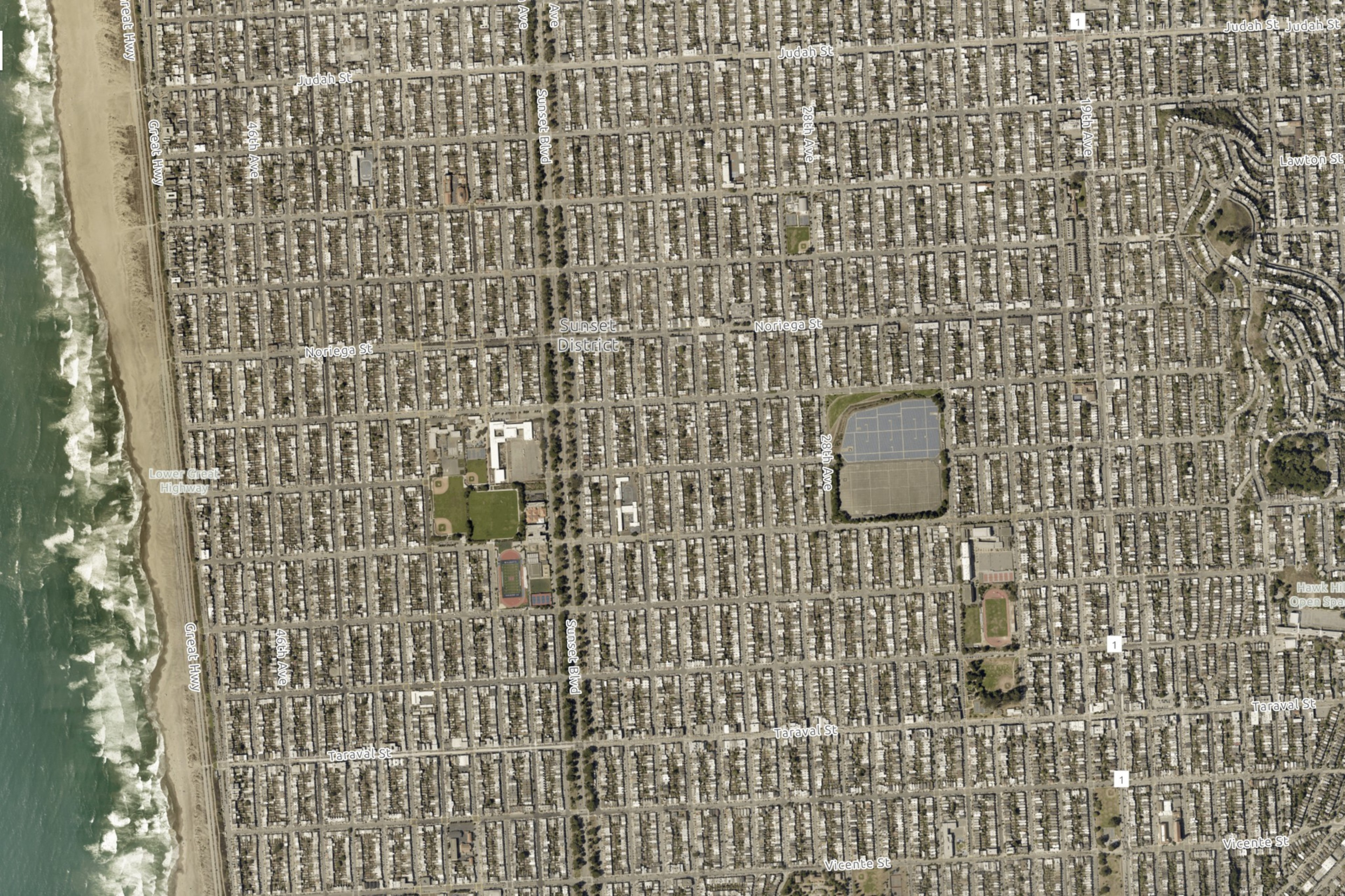 An aerial view of the residential area in San Franciscoâ€™s Outer Sunset in 2022.