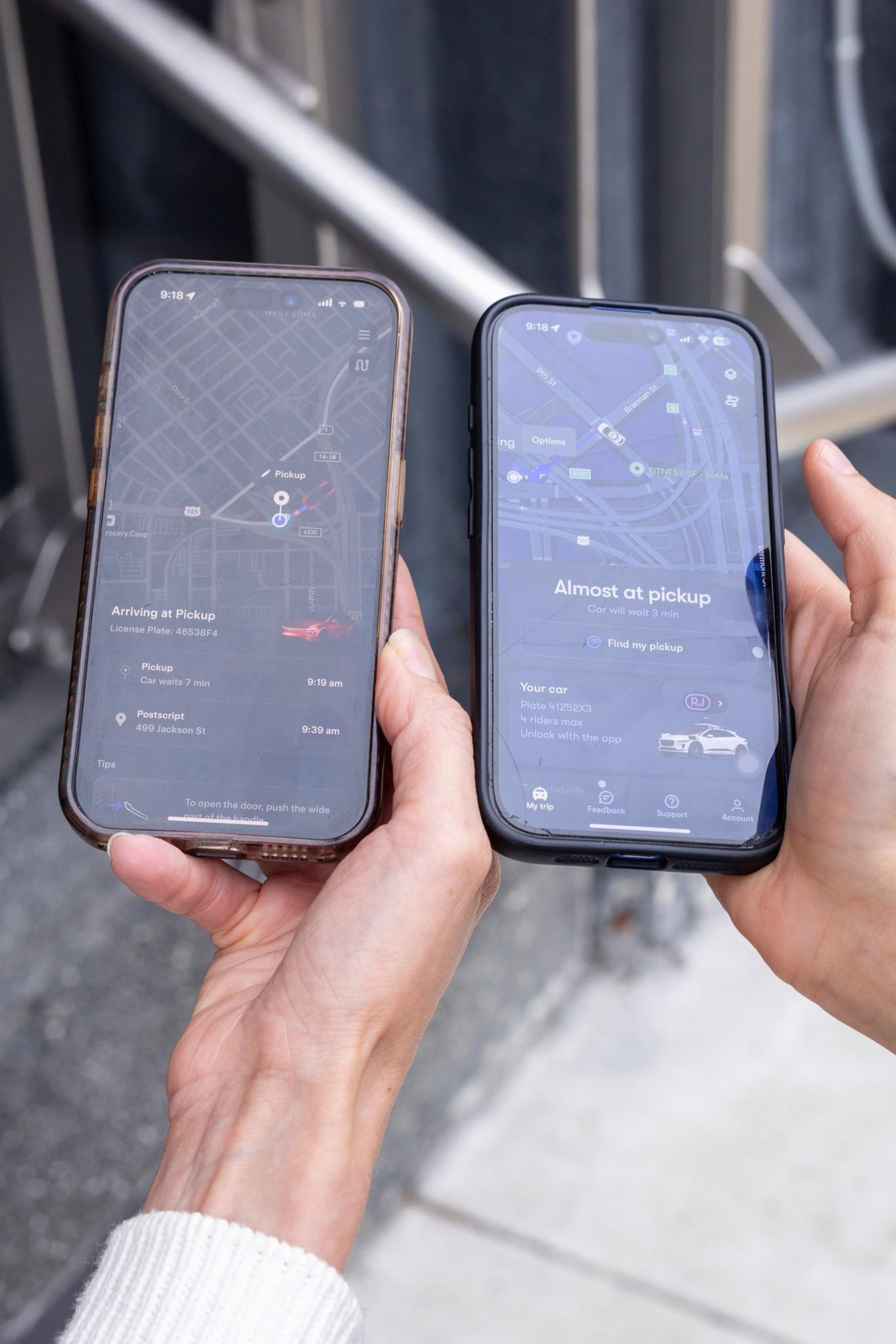 Two smartphones display ride-hailing apps showing cars arriving or almost at pickup locations with maps and estimated wait times.