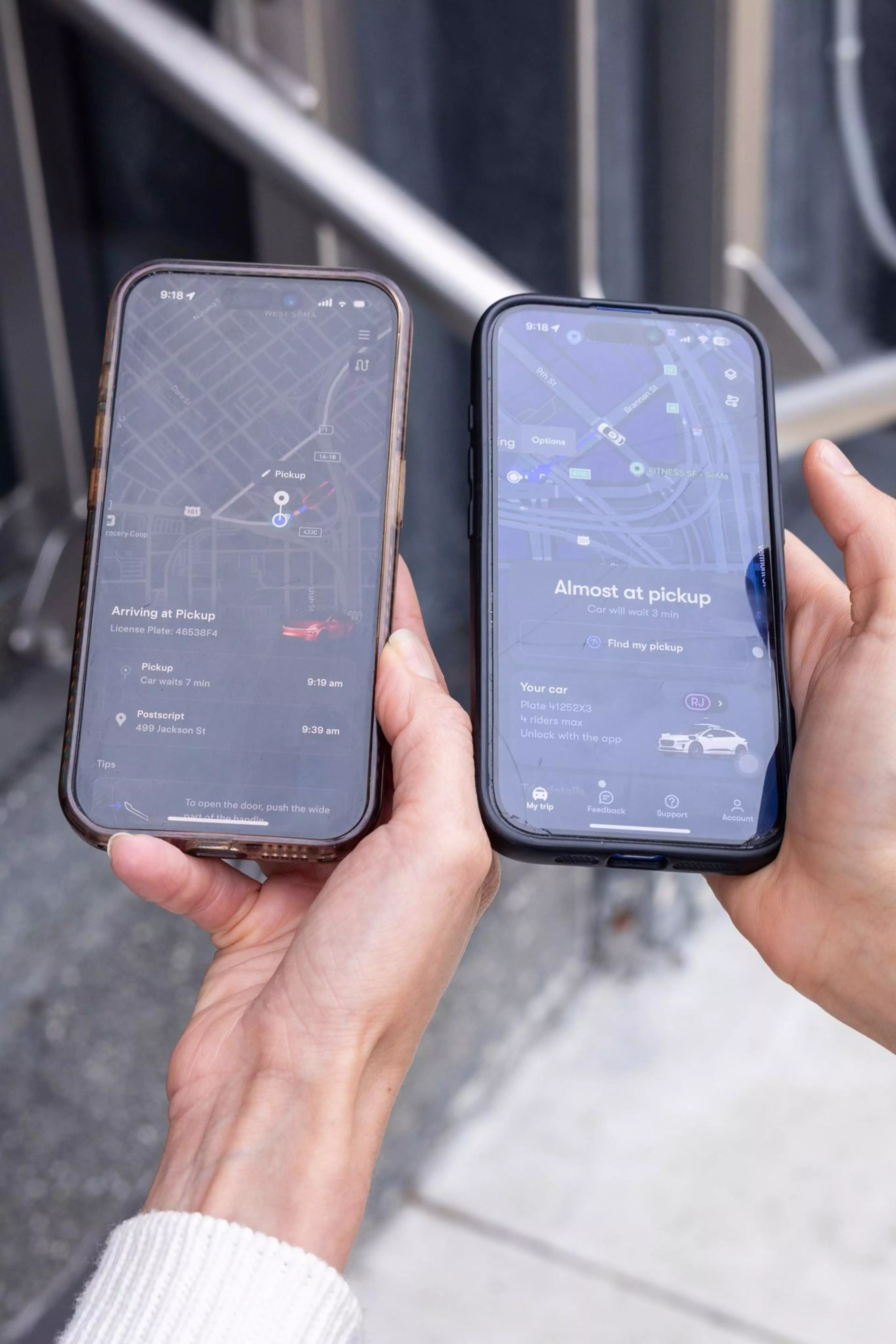 Two smartphones display ride-hailing apps showing cars arriving or almost at pickup locations with maps and estimated wait times.