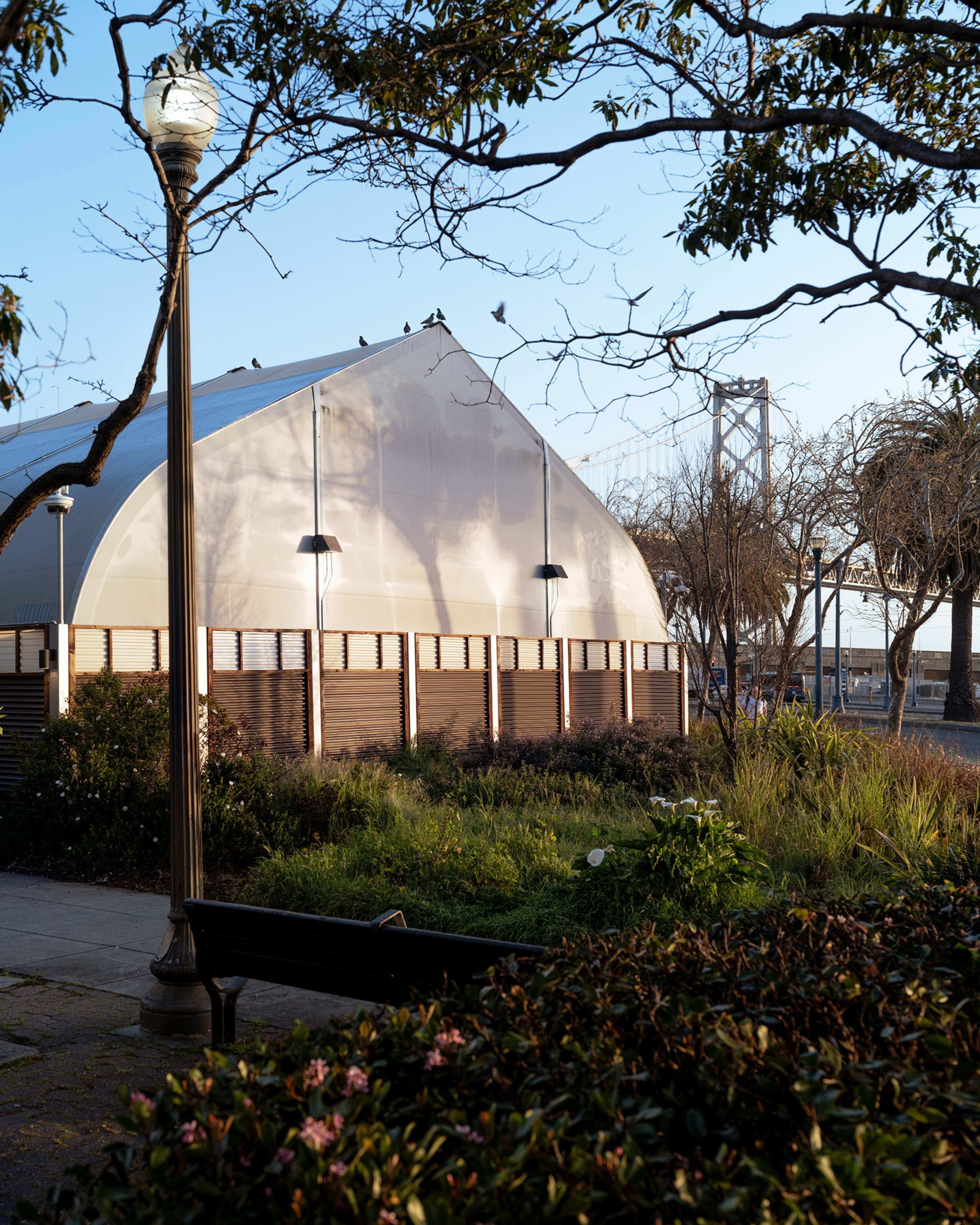 A large white tent-like structure is surrounded by greenery, with a few birds perched on its roof. A lamppost and bare trees frame the scene.