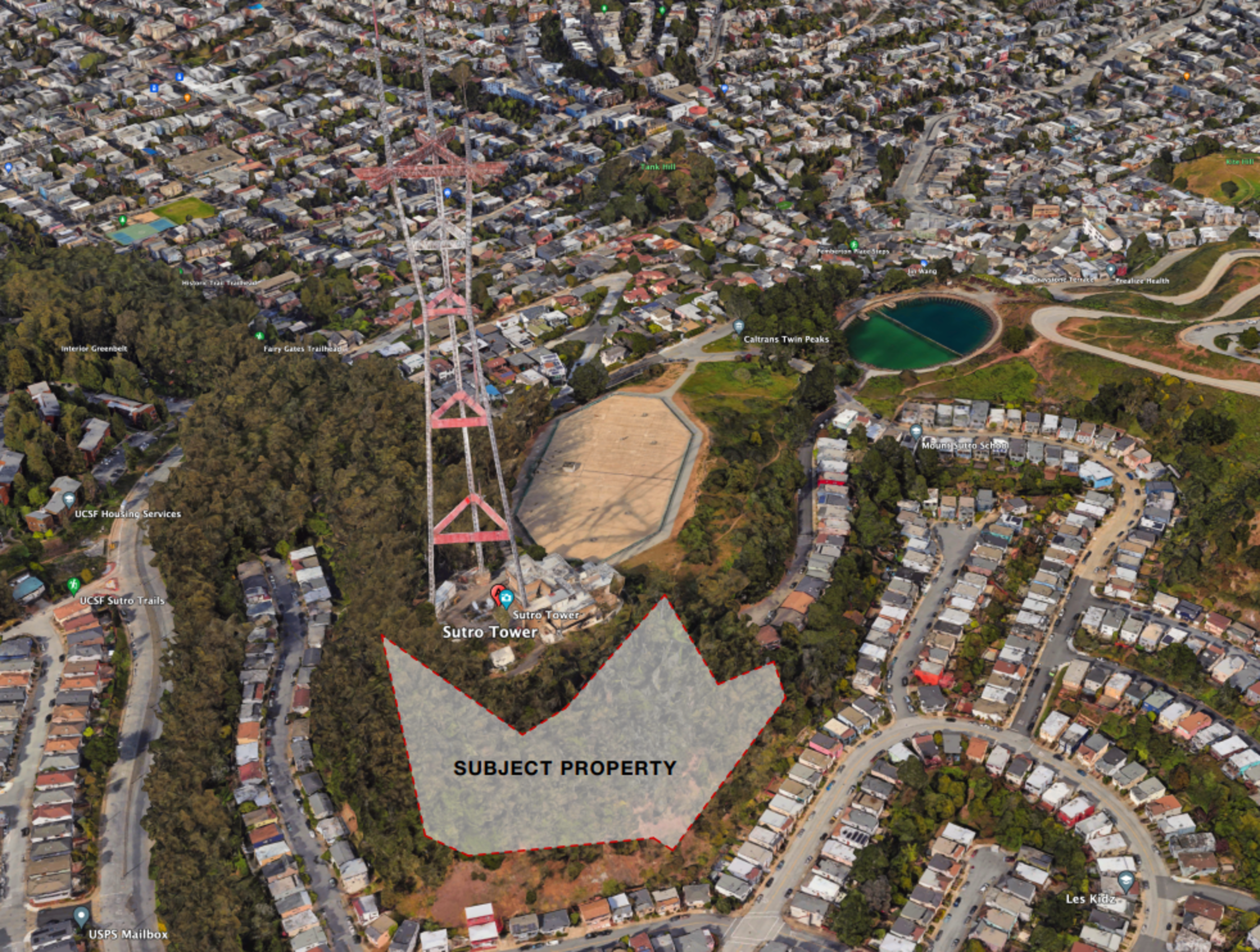 A wooded area labeled "SUBJECT PROPERTY" near the Sutro Tower stands surrounded by residential neighborhoods and green spaces.