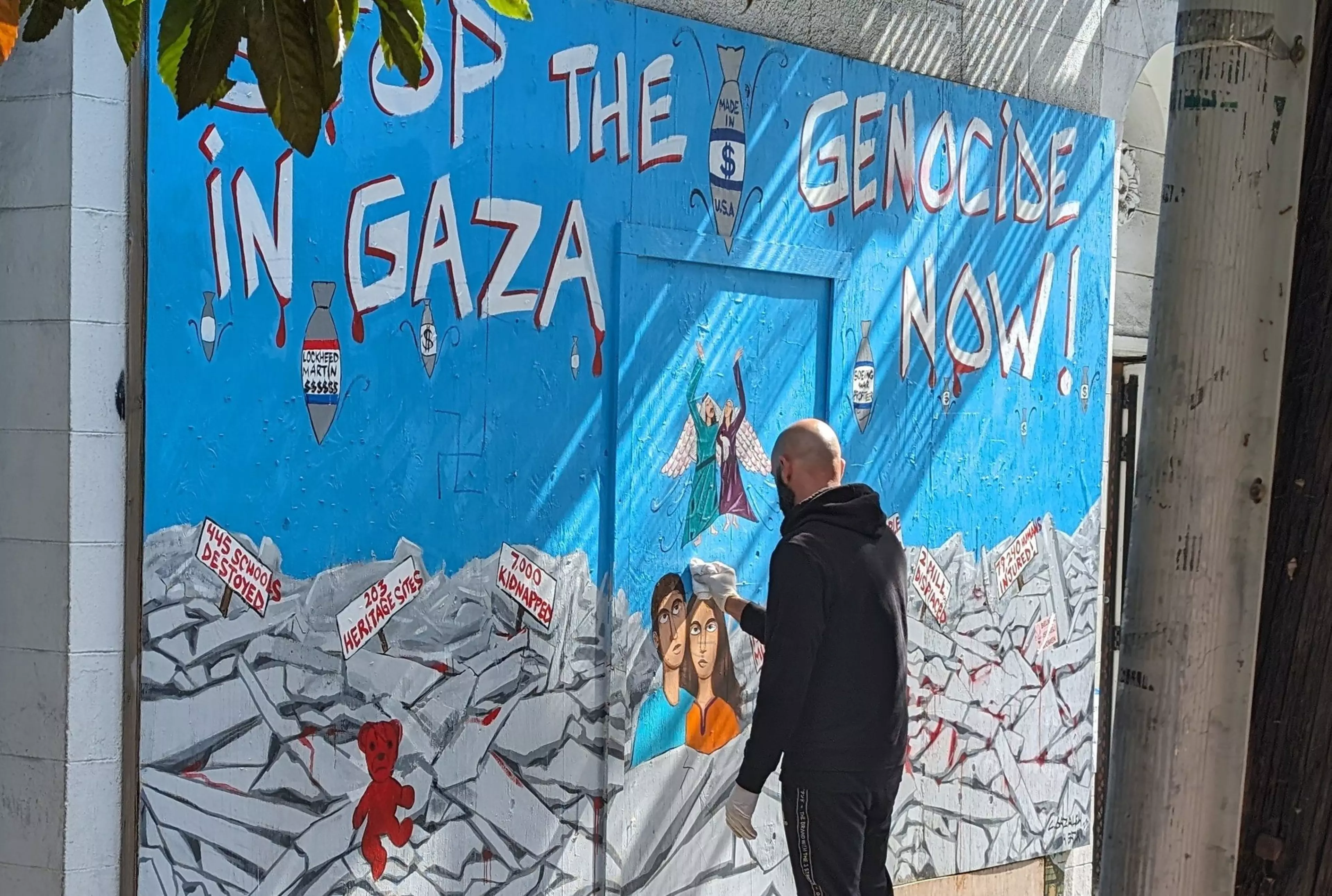 Gaza war mural repeatedly defaced by swastikas, hate speech in Noe