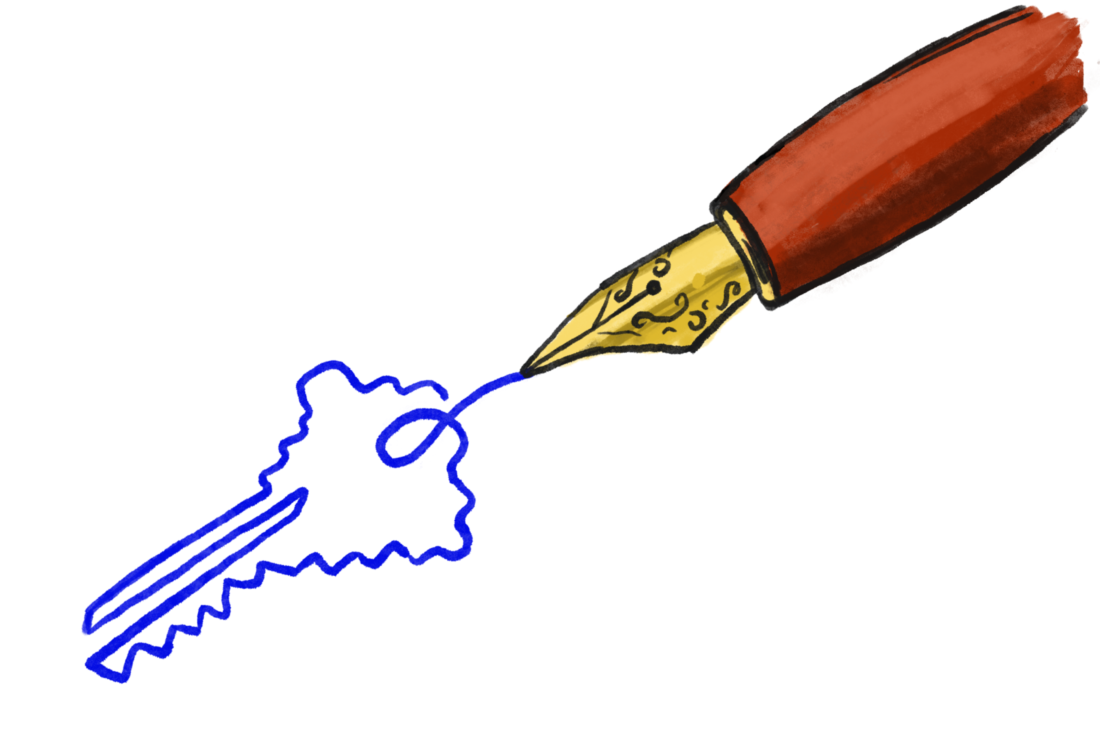 A fountain pen with a gold nib draws a blue outline of a key on a white background.