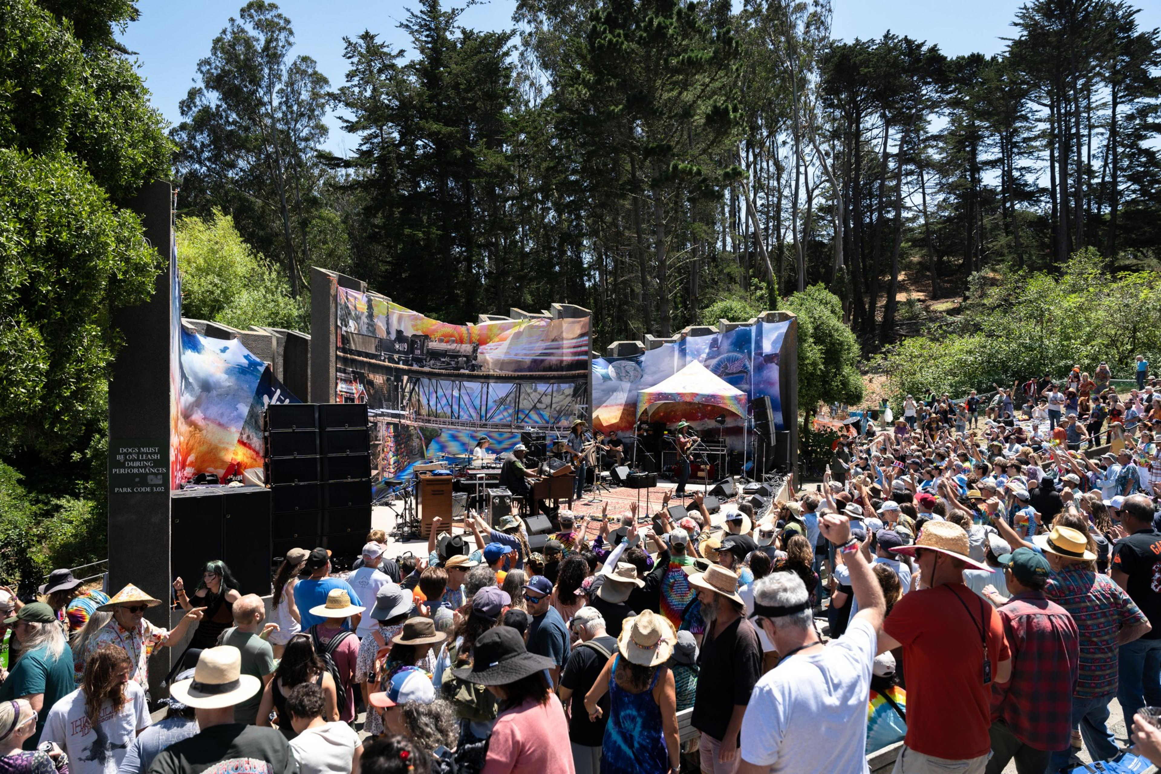 The image shows an outdoor concert with a crowded audience. The stage has colorful backdrops, and some musicians are performing. Tall trees and clear skies are in the background.