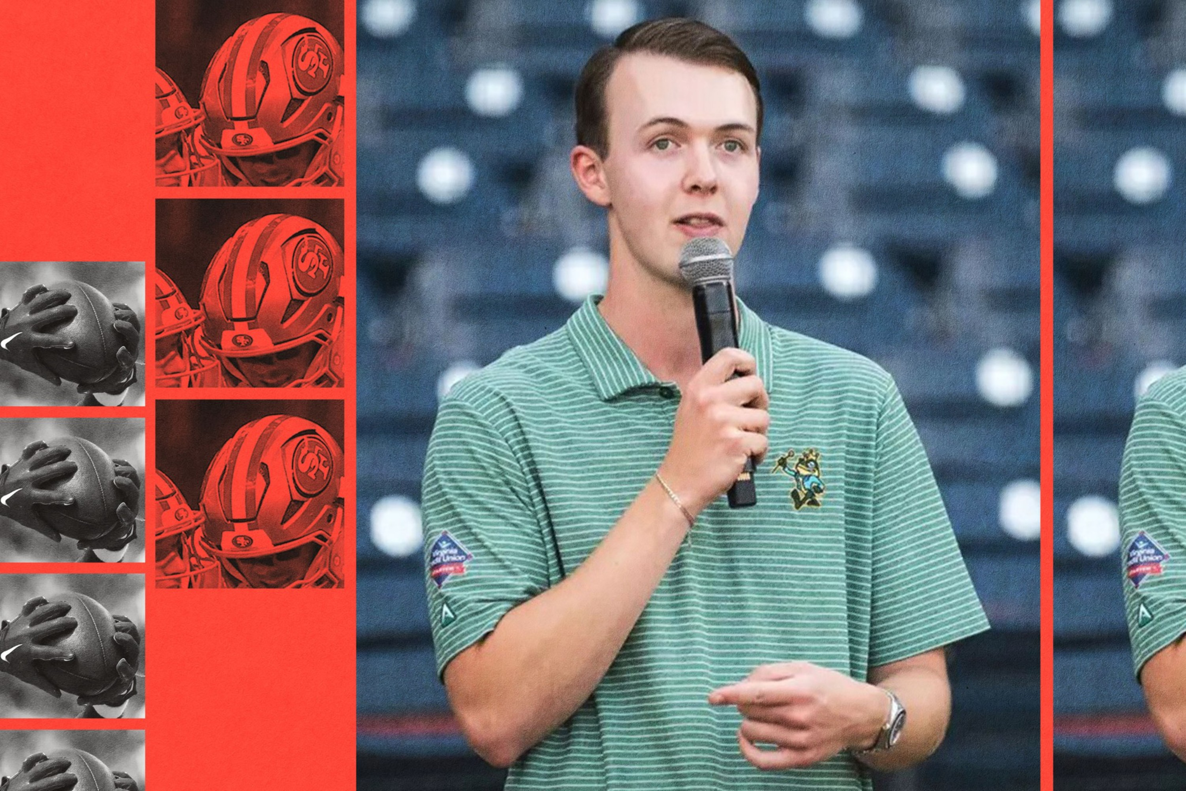 A young man in a green striped polo shirt holds a microphone, speaking in front of a blurred background with stadium seats.