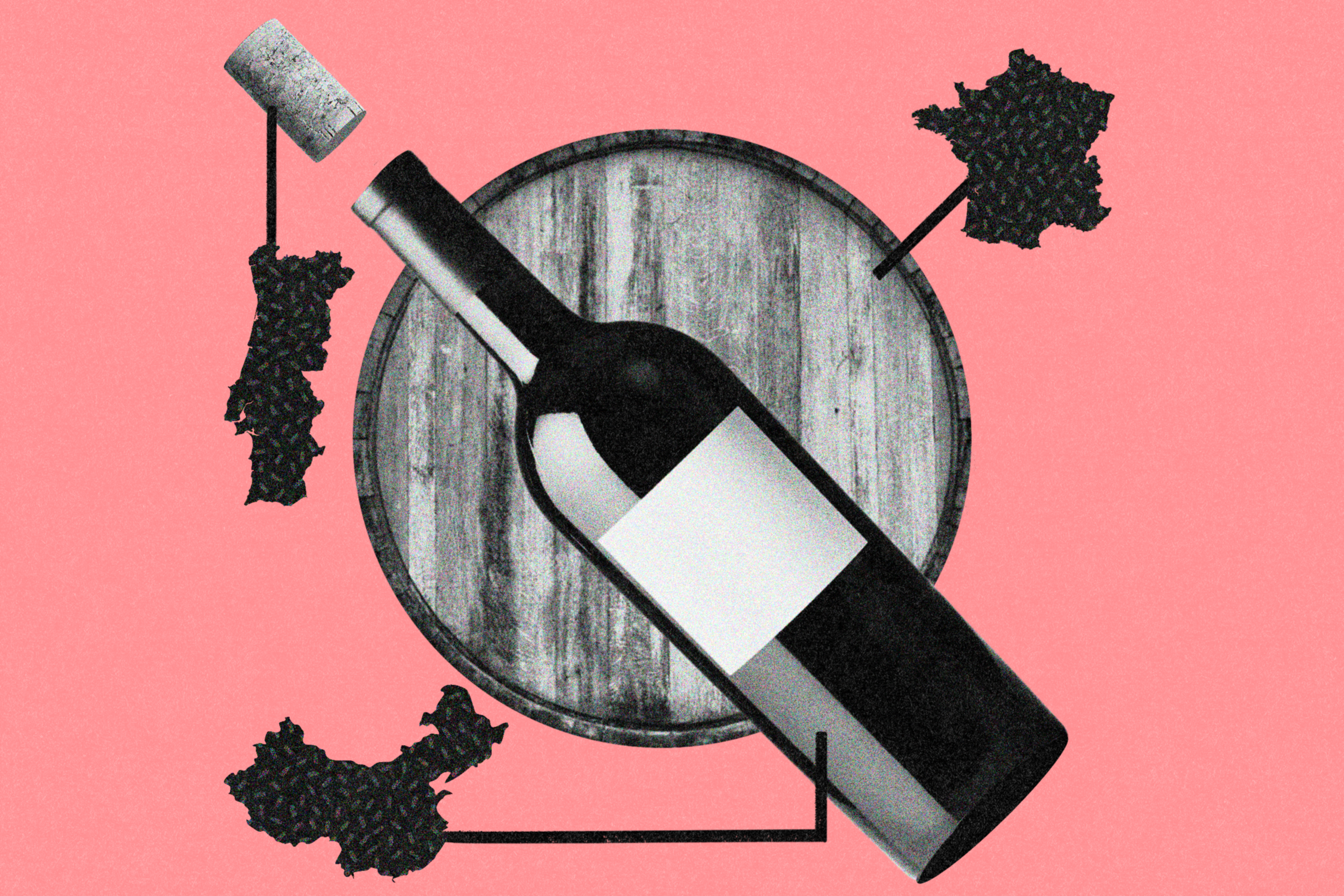 A wine bottle lies sideways over a wooden barrel on a pink background. Grapes and a cork are connected to the bottle with angular lines.