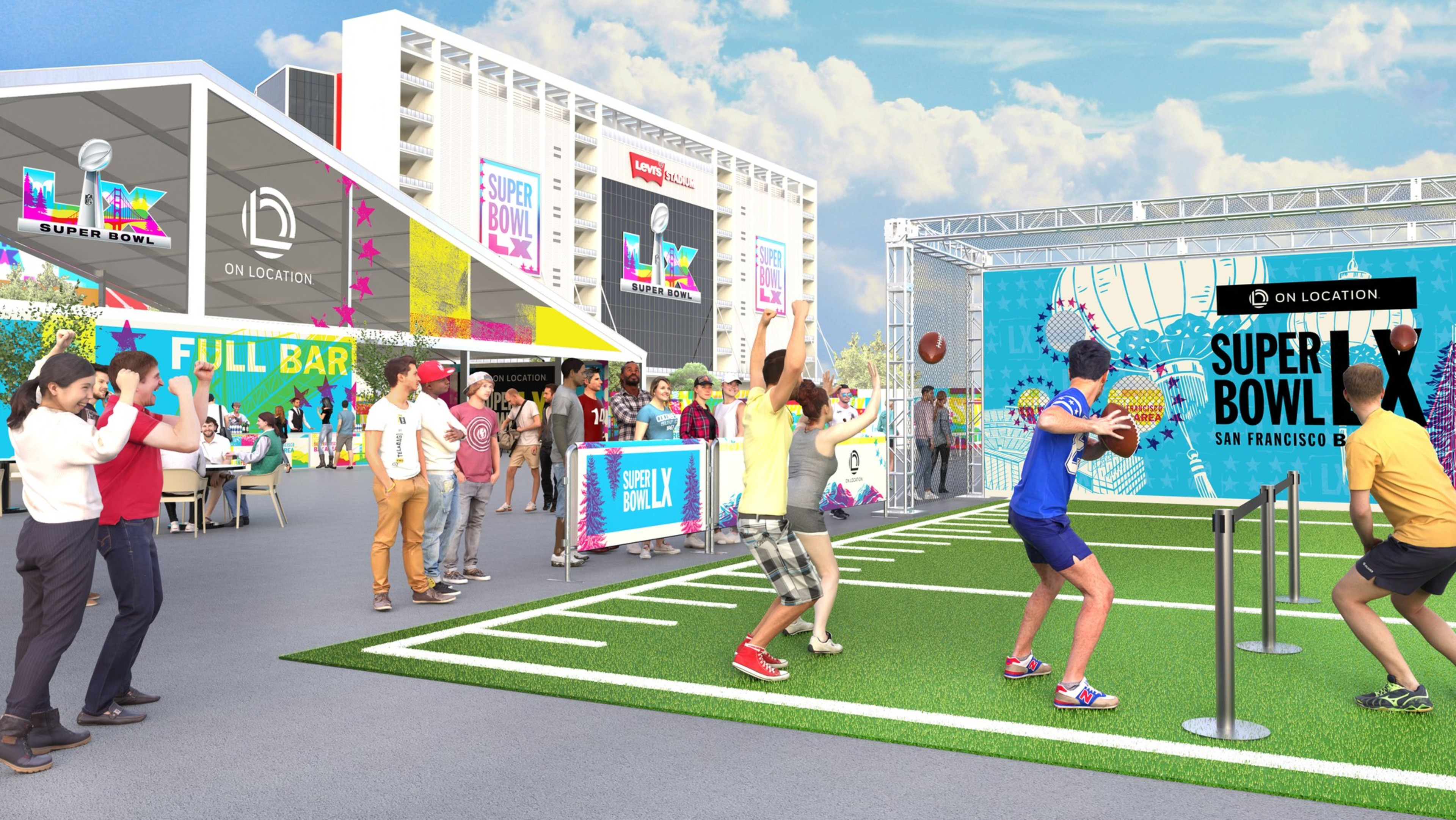 A lively outdoor event space features people playing a football-themed game on artificial turf, surrounded by Super Bowl LX signs and a full bar area.