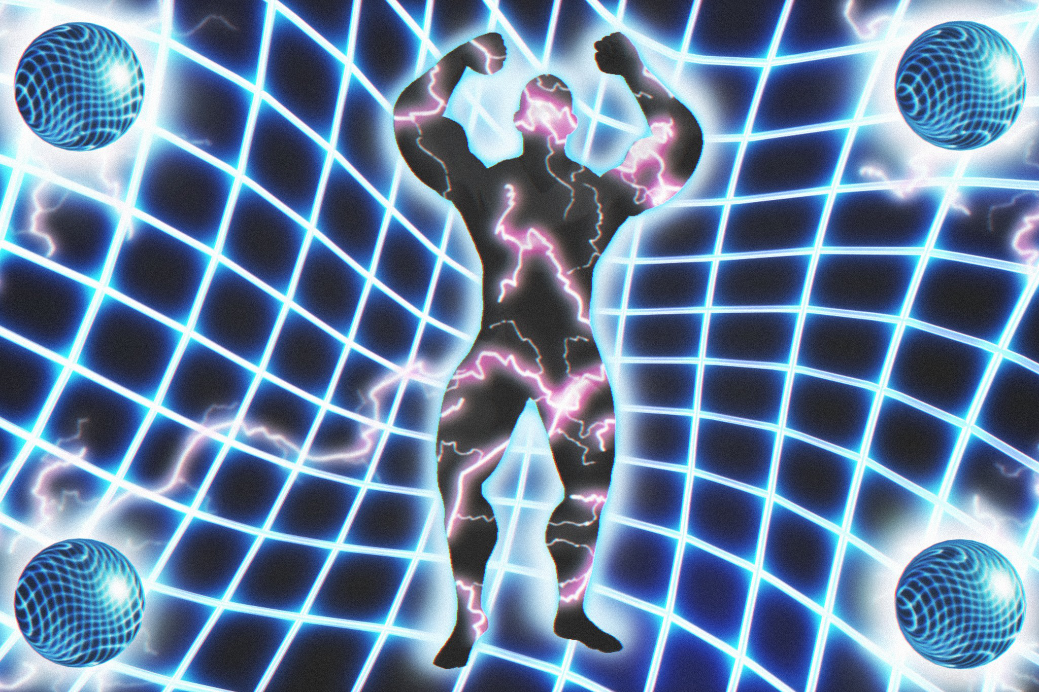 A glowing silhouette of a muscular person stands flexing within a warped blue grid, surrounded by four blue patterned spheres and pink electric streaks.