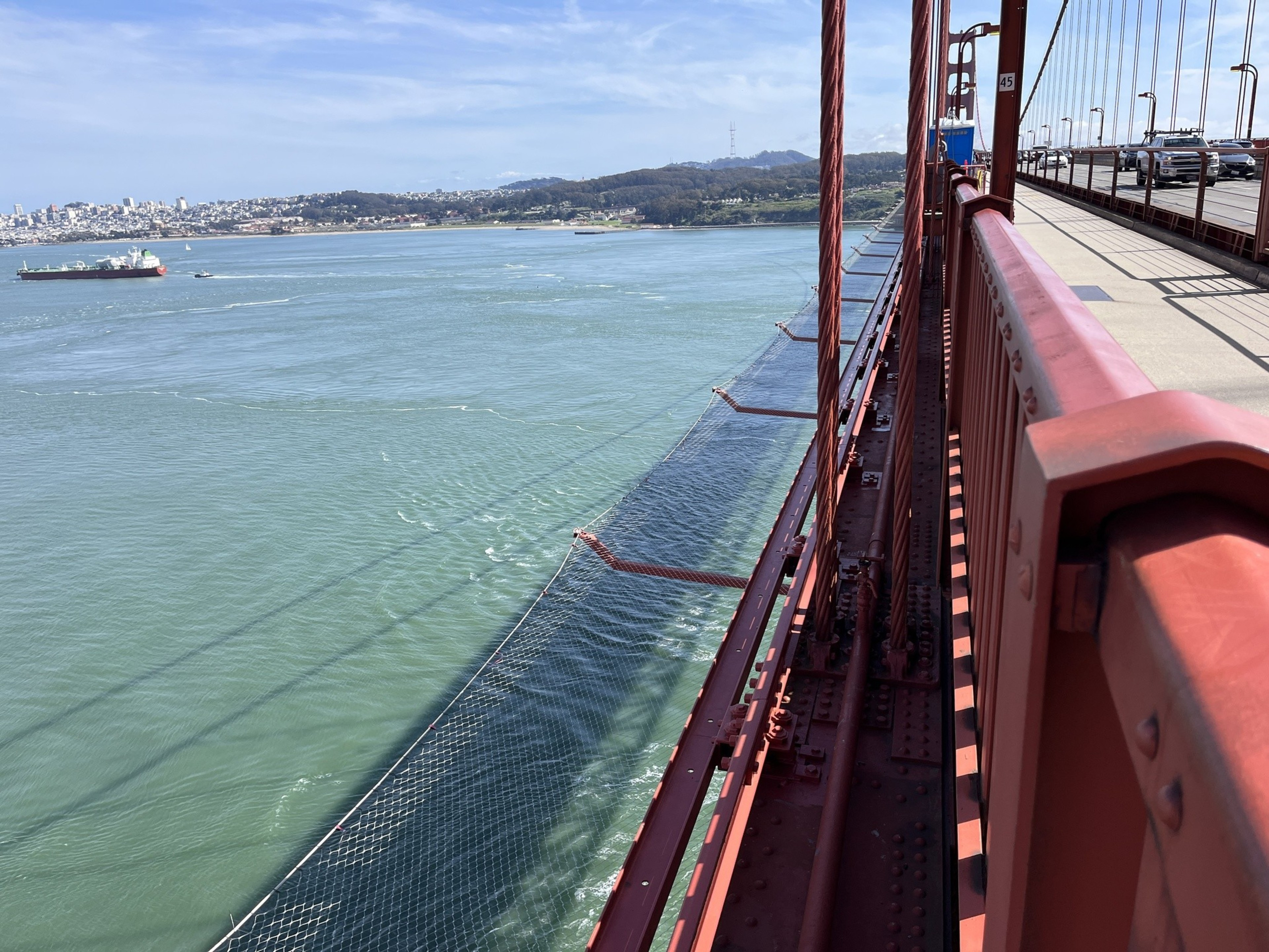 The Golden Gate Bridge suicide barrier's netting has been installed on the bridge's east and west sides between the two towers, between the south tower and Fort Point Arch, and at the North Approach Viaduct. |
