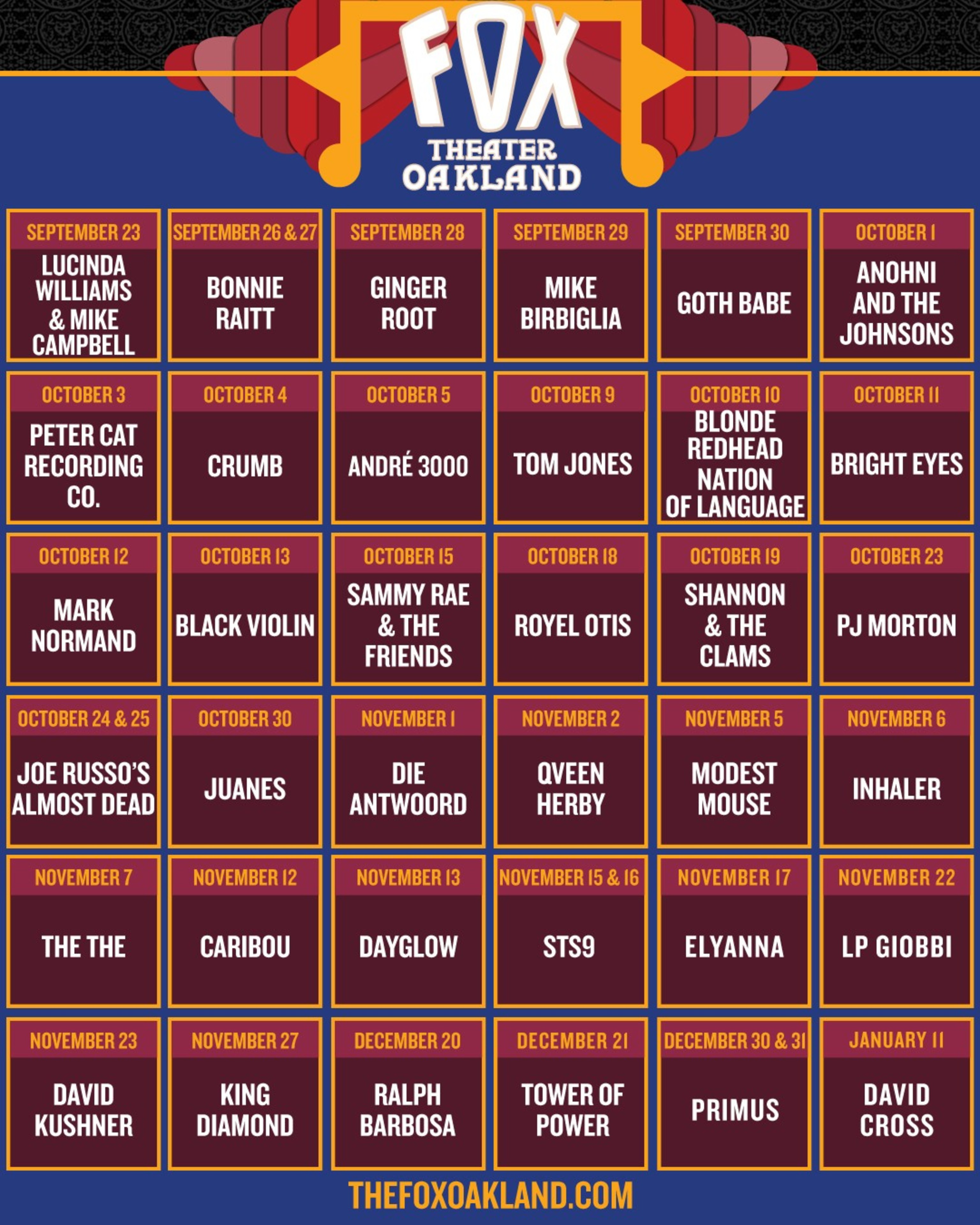 The image shows a schedule from Fox Theater Oakland listing artists and events from September 23 to January 11, featuring names like Bonnie Raitt, Tom Jones, and Primus.