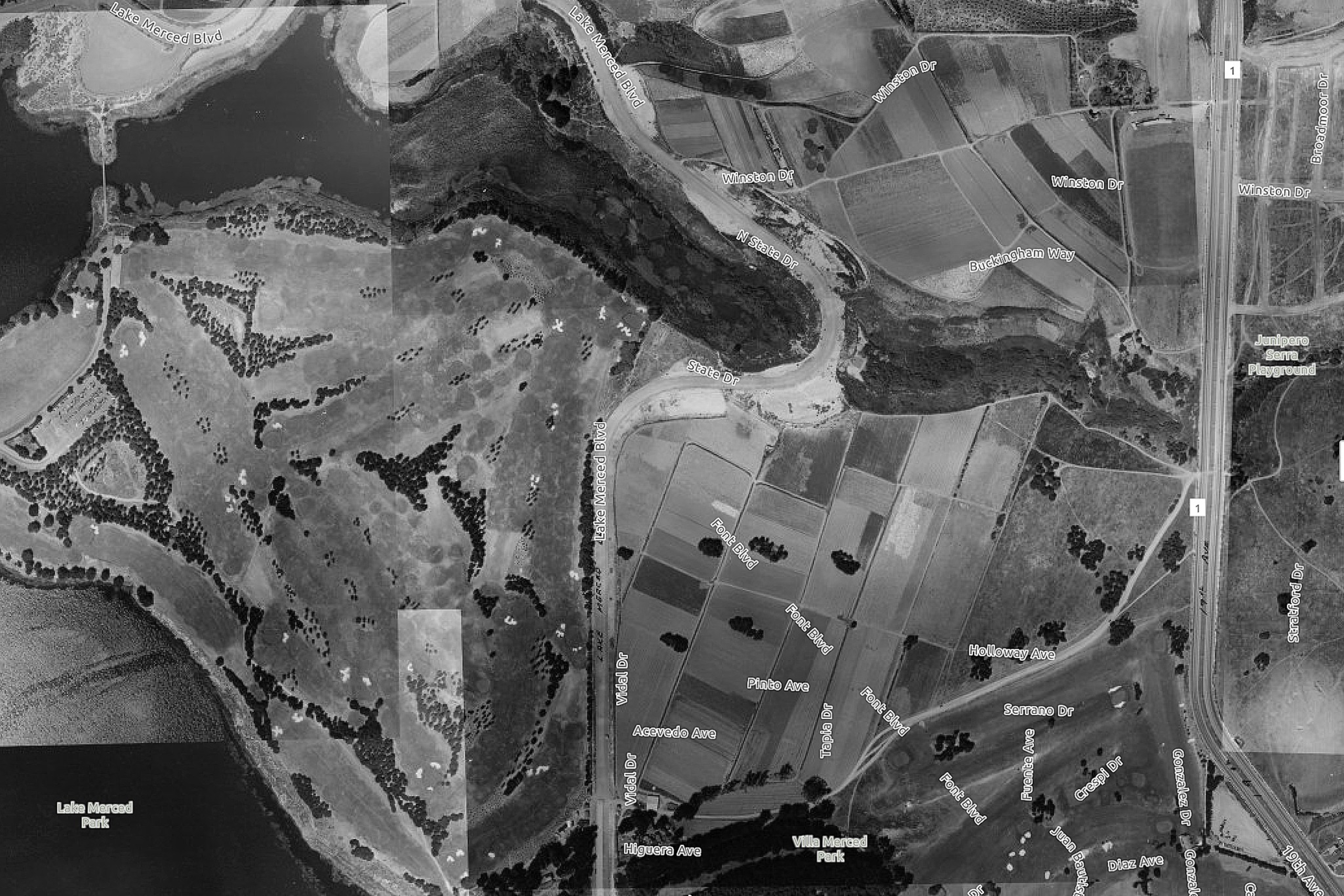 An aerial view of the Lake Merced surrounding farmlands in San Francisco in 1938.