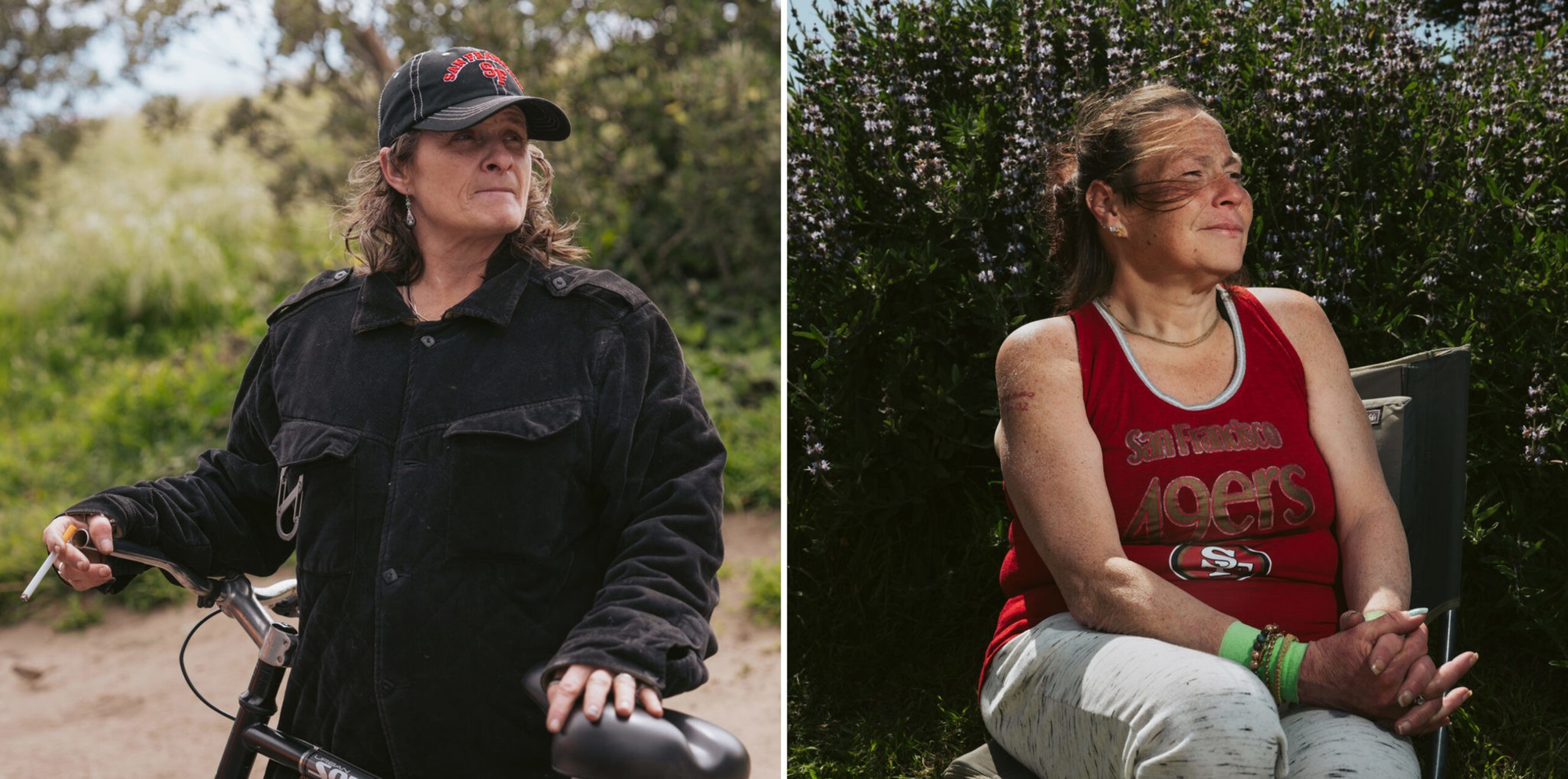 A woman in a black jacket and cap holds a bicycle and cigarette outdoors; the same woman in a red sports tank top sits in sunlight, eyes closed, smiling.
