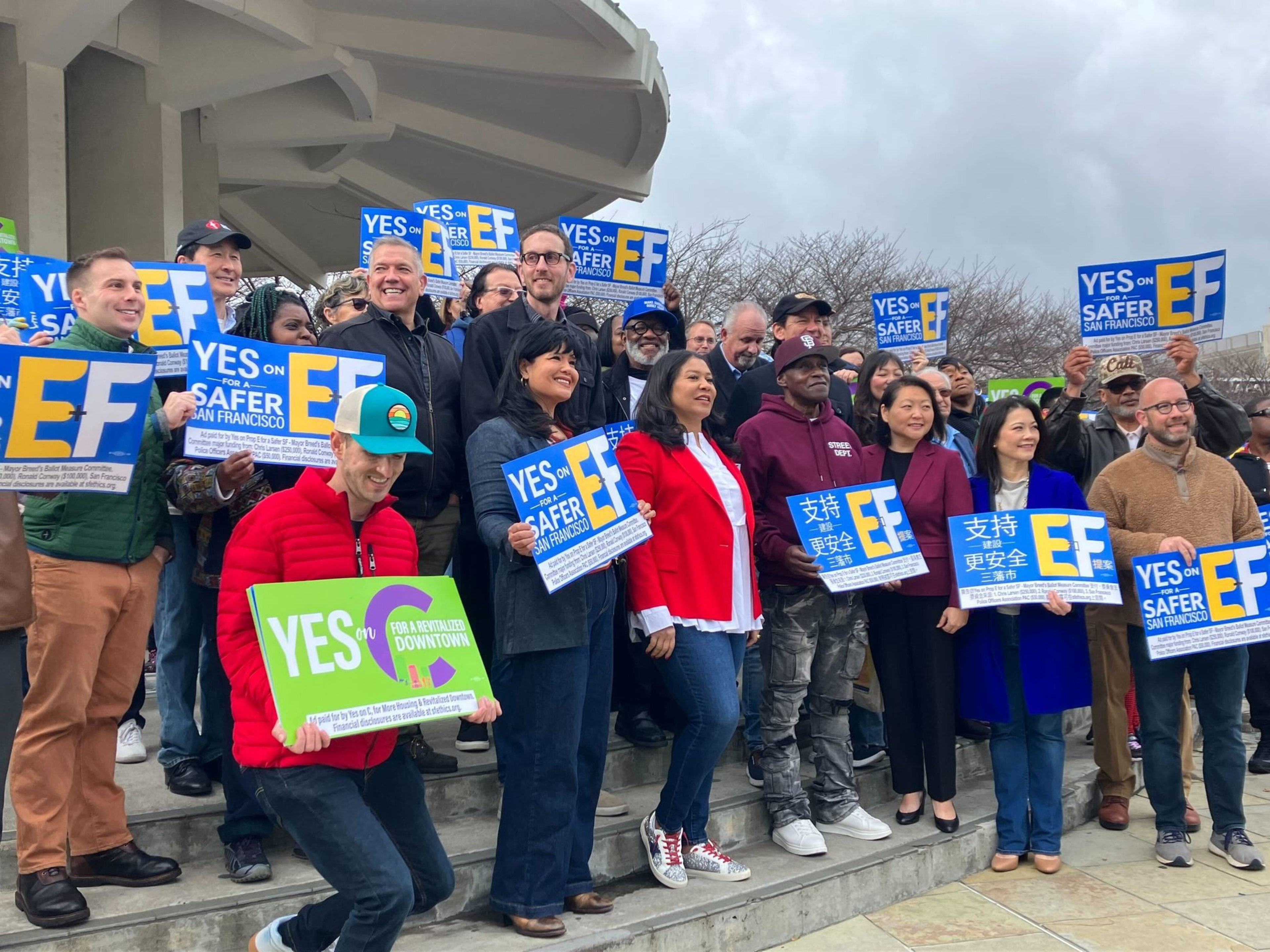 Mayor London Breed stands beside city leaders and supporters during the launching of campaigns for Propositions C, E and F on Saturday, January 6, 2024.